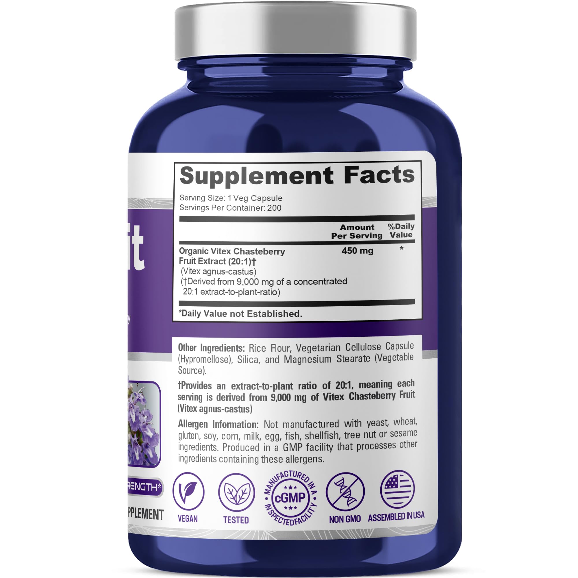 NusaPure Vitex Chasteberry Fruit 20:1 Extract, 450 mg Equivalent to 9,000 mg 200 Vegan Capsules - Non-GMO, Vegan Dietary Supplement NusaPure uk supplements