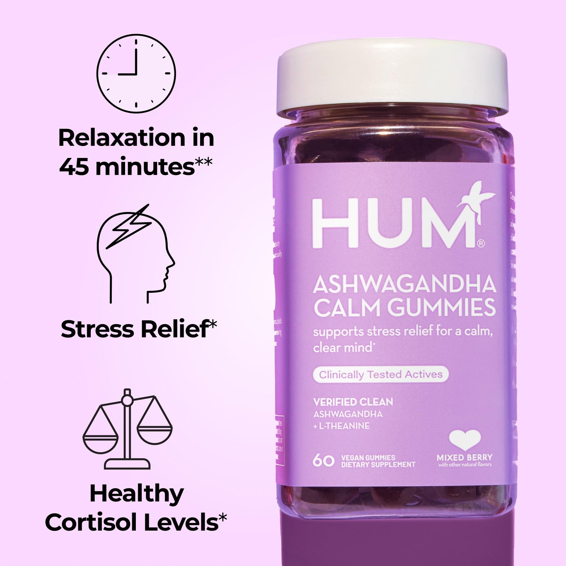 HUM Calm Ashwagandha Gummies for Women and Men, L-Theanine Ashwagandha Supplements for Daily Relaxation & Clarity Support, Vegan Fast Acting Gummy Formula, Mixed Berry Flavor, 60 Gummies HUM uk supplements