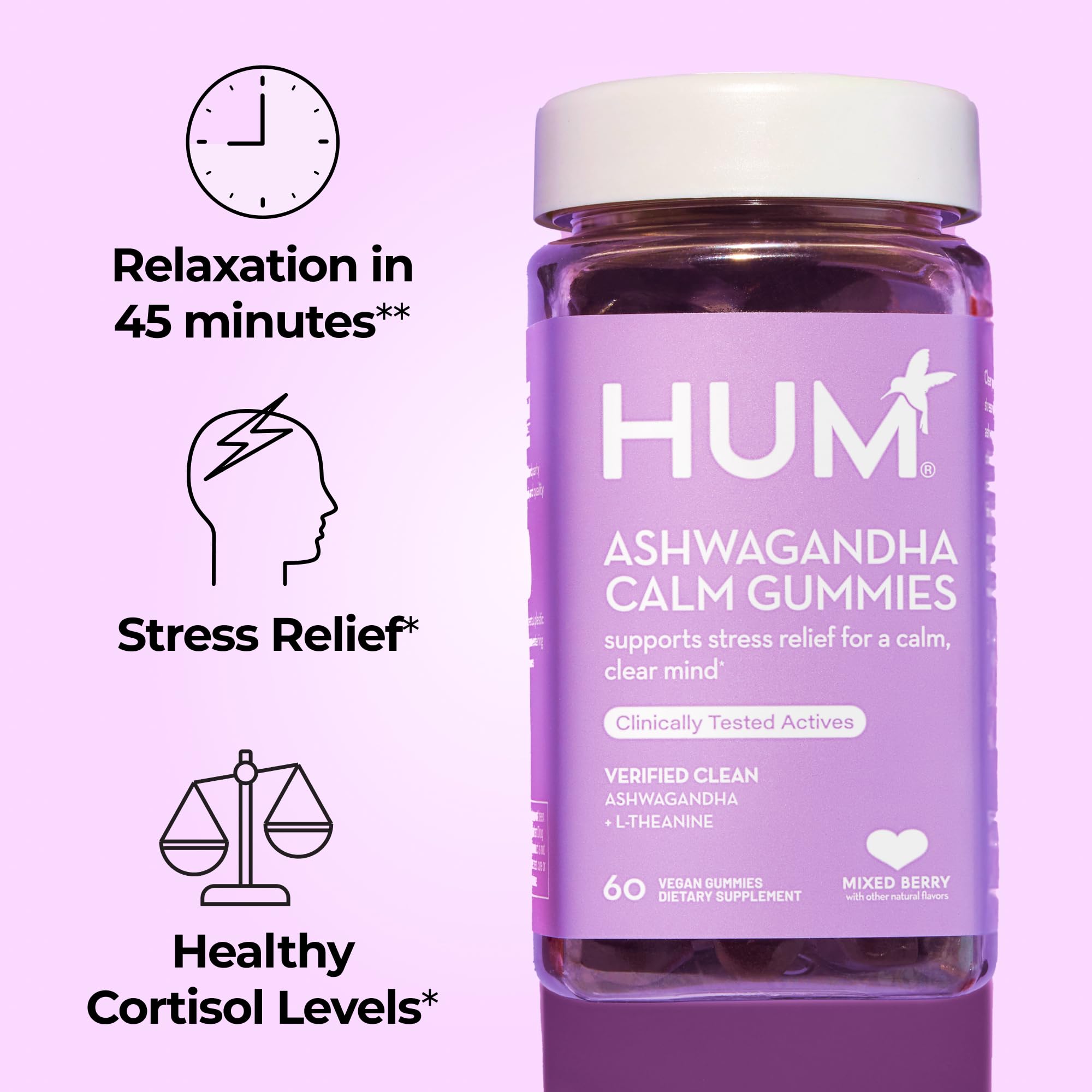 HUM Calm Ashwagandha Gummies for Women and Men, L-Theanine Ashwagandha Supplements for Daily Relaxation & Clarity Support, Vegan Fast Acting Gummy Formula, Mixed Berry Flavor, 60 Gummies HUM uk supplements