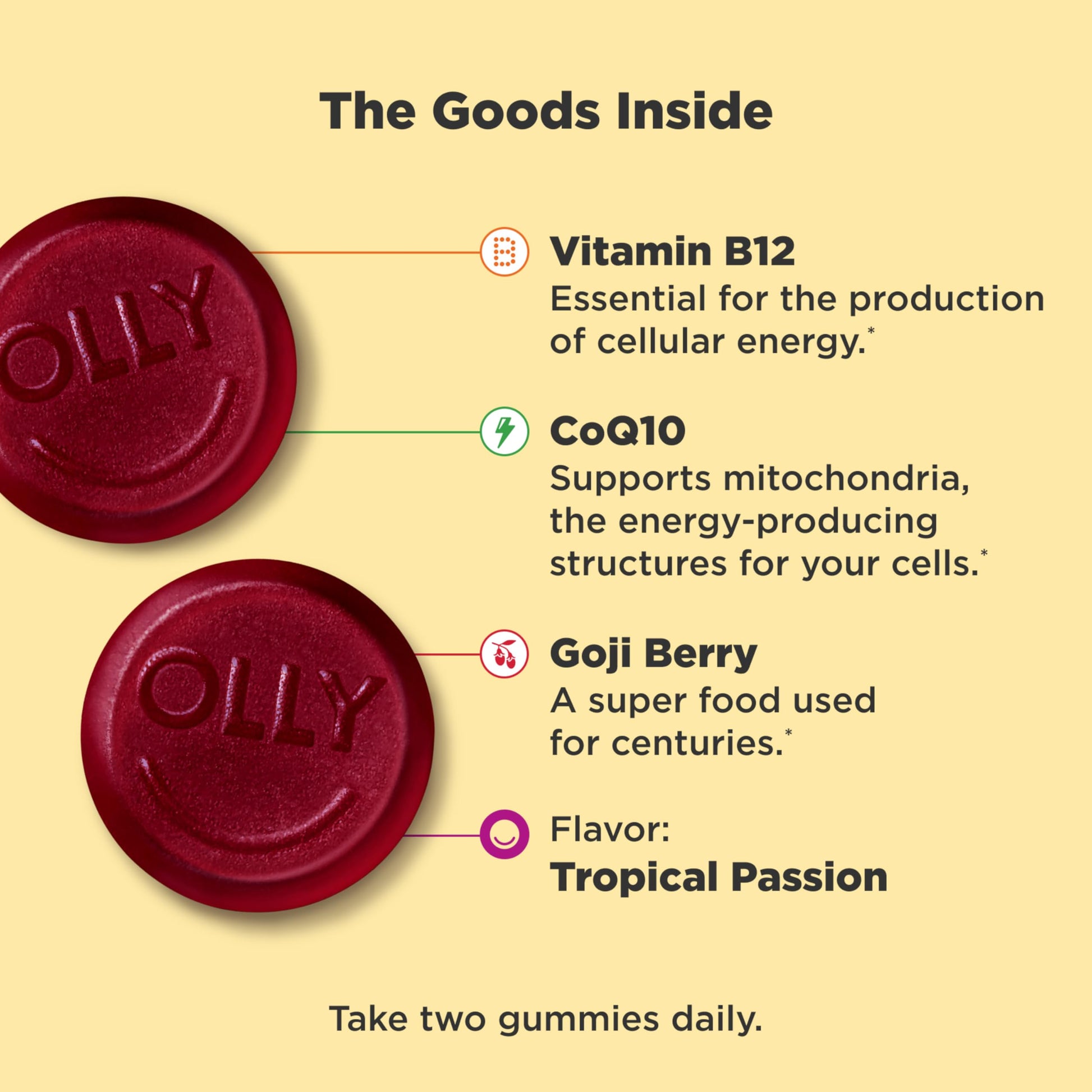 OLLY Daily Energy Gummy, Caffeine Free, Vitamin B12, CoQ10, Goji Berry, Adult Chewable Supplement, Tropical Flavor - 60 Count OLLY uk supplements