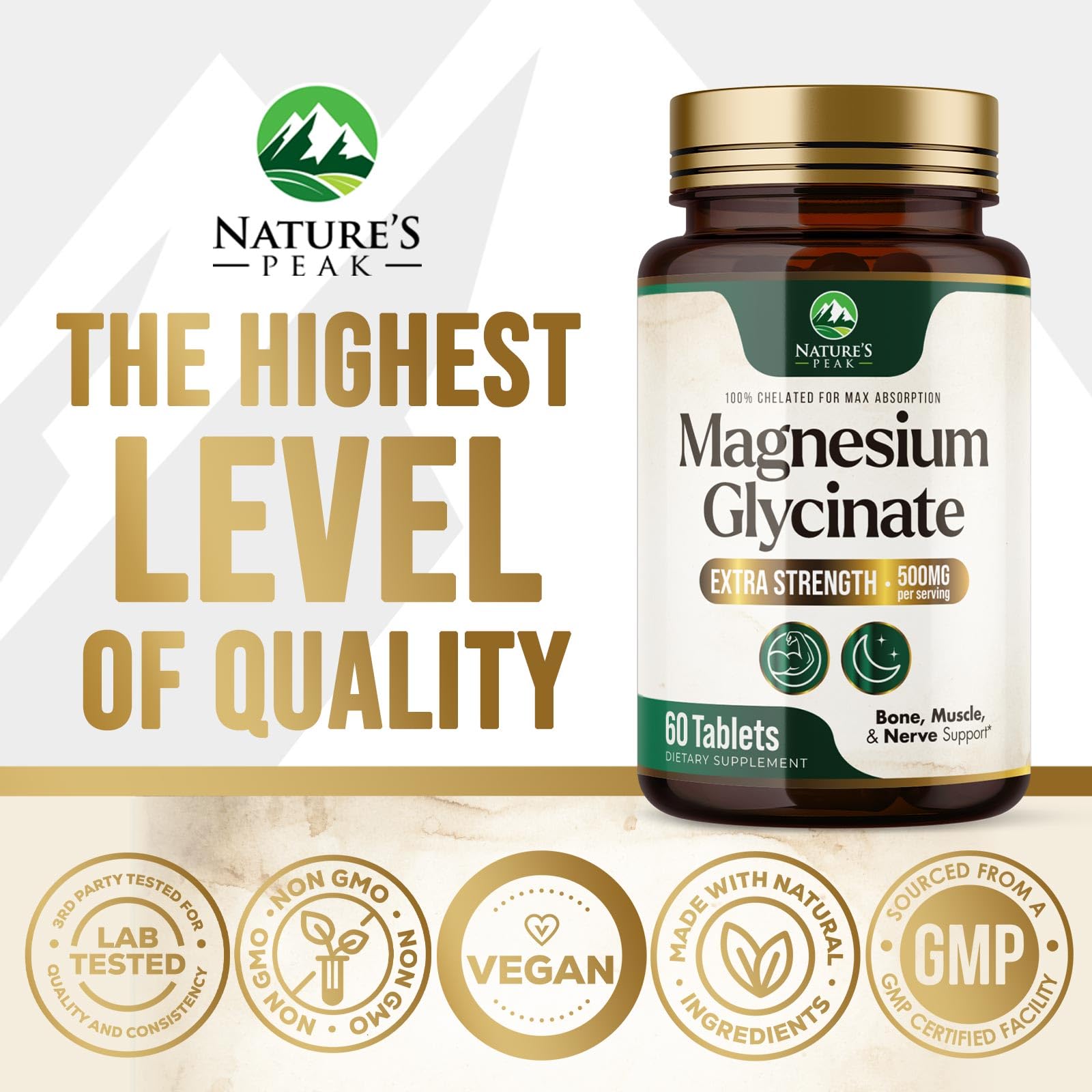 Magnesium Glycinate 500mg Per Serving - High Absorption Chelated Magnesium Supplement for Muscle, Bone and Heart Health Support - Easy Digestion & Gentle on Your Stomach - USA Bottled - 60 Tablets Nature's Peak uk supplements