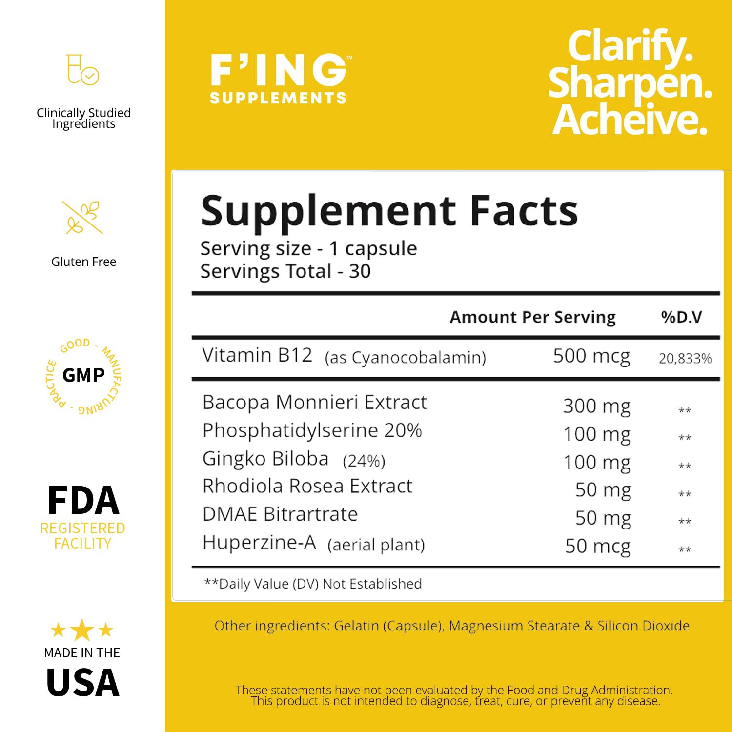 F'ing Clarity - Clarity, Memory + Brain Boosting Nootropic Supplement | Bacopa Extract, Phosphatidylserine 20%, Gingko Biloba Extract, Rhodiola Rosea Extract, DMAE Bitrartrate, B-12, Huperzine A F'ing uk supplements