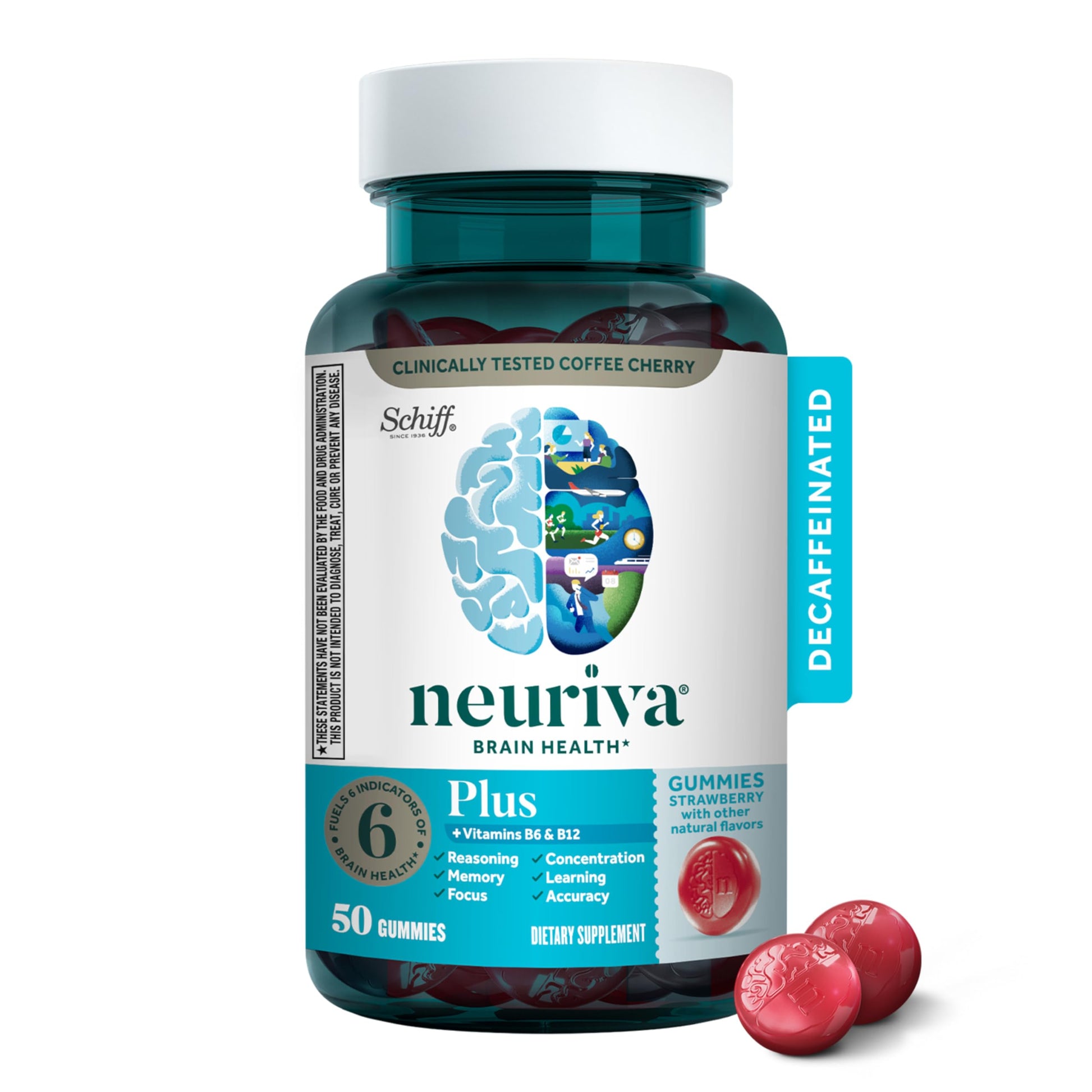NEURIVA Plus Decaffeinated Nootropic Brain Supplement for Memory, Focus & Concentration & Cognitive Function, Clinically Tested NeuroFactor, Phosphatidylserine, Vitamins B6 B12,50ct Strawberry Gummies NEURIVA uk supplements