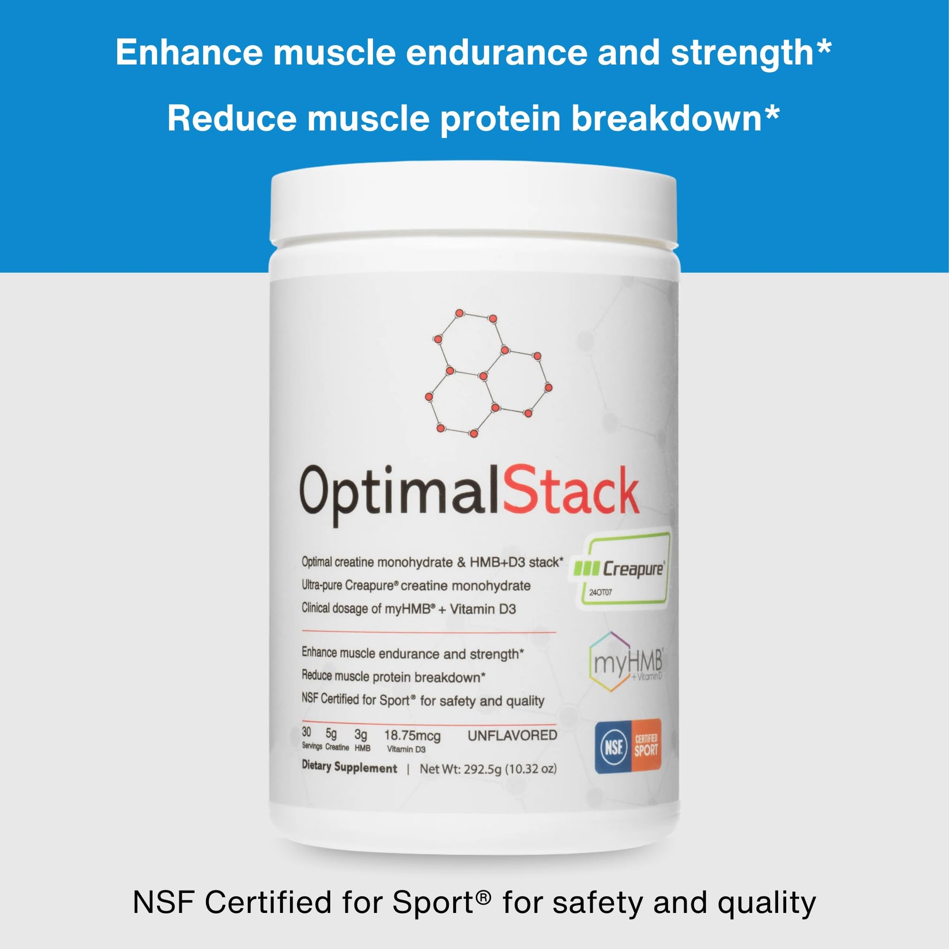 OptimalStack Creatine Monohydrate, HMB, & Vitamin D3 Stack | with Creapure Creatine, Clinical Dosage of myHMB, and Vitamin D3 | NSF for Sport Certified | Unflavored, 30 Servings OptimalAmino uk supplements