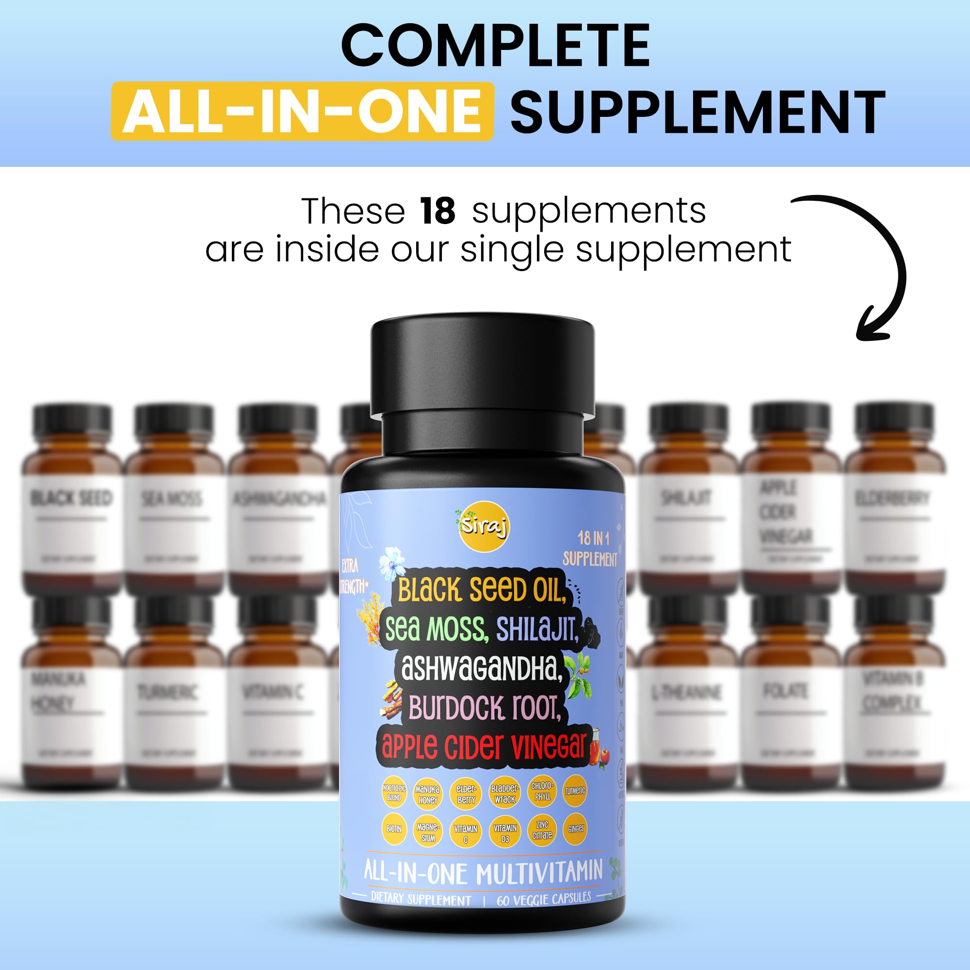 Siraj 18-in-1 Superfood Multivitamin - Irish Sea Moss, Black Seed Oil, Shilajit, Ashwagandha, 5% Thymoquinone, Burdock Root, Nootropic Supplement for Immunity, Focus, Energy and Mood - 60 Capsules Siraj uk supplements
