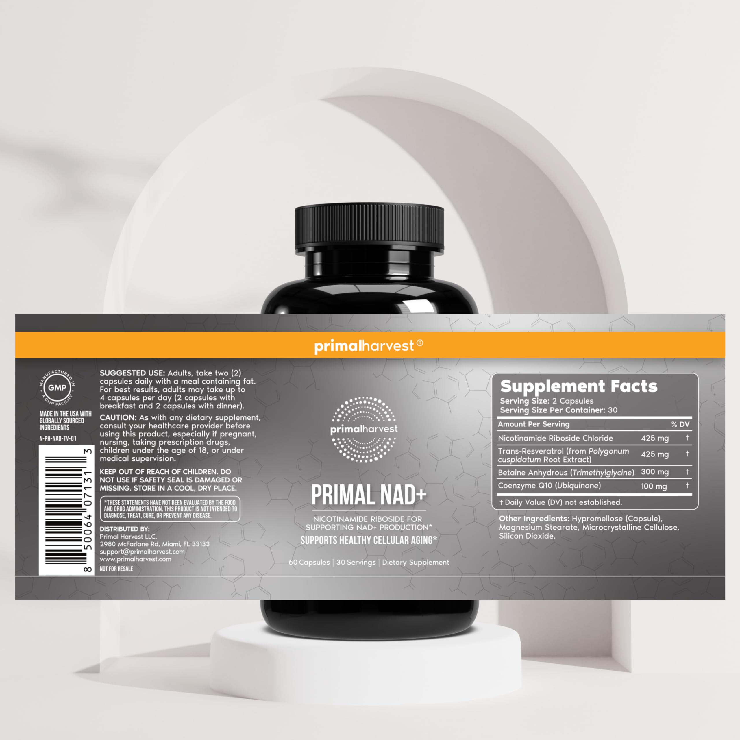 Primal Harvest NAD+ Supplement: Nicotinamide Riboside, Trans-Resveratrol, Betaine, CoQ10, NAD Supplements for Cellular Health, Energy, and Mitochondrial Support (60 Count (1 Pack) Primal Harvest uk supplements