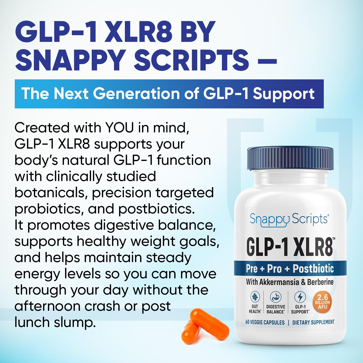GLP-1 XLR8 Supplement for Weight Loss, Digestion, Constipation, Bloating Relief with Akkermansia 2.6 Billion AFU Live Prebiotic Probiotic Postbiotic Gut Health + Berberine for Women Men 360 Capsules Snappy Scripts uk supplements