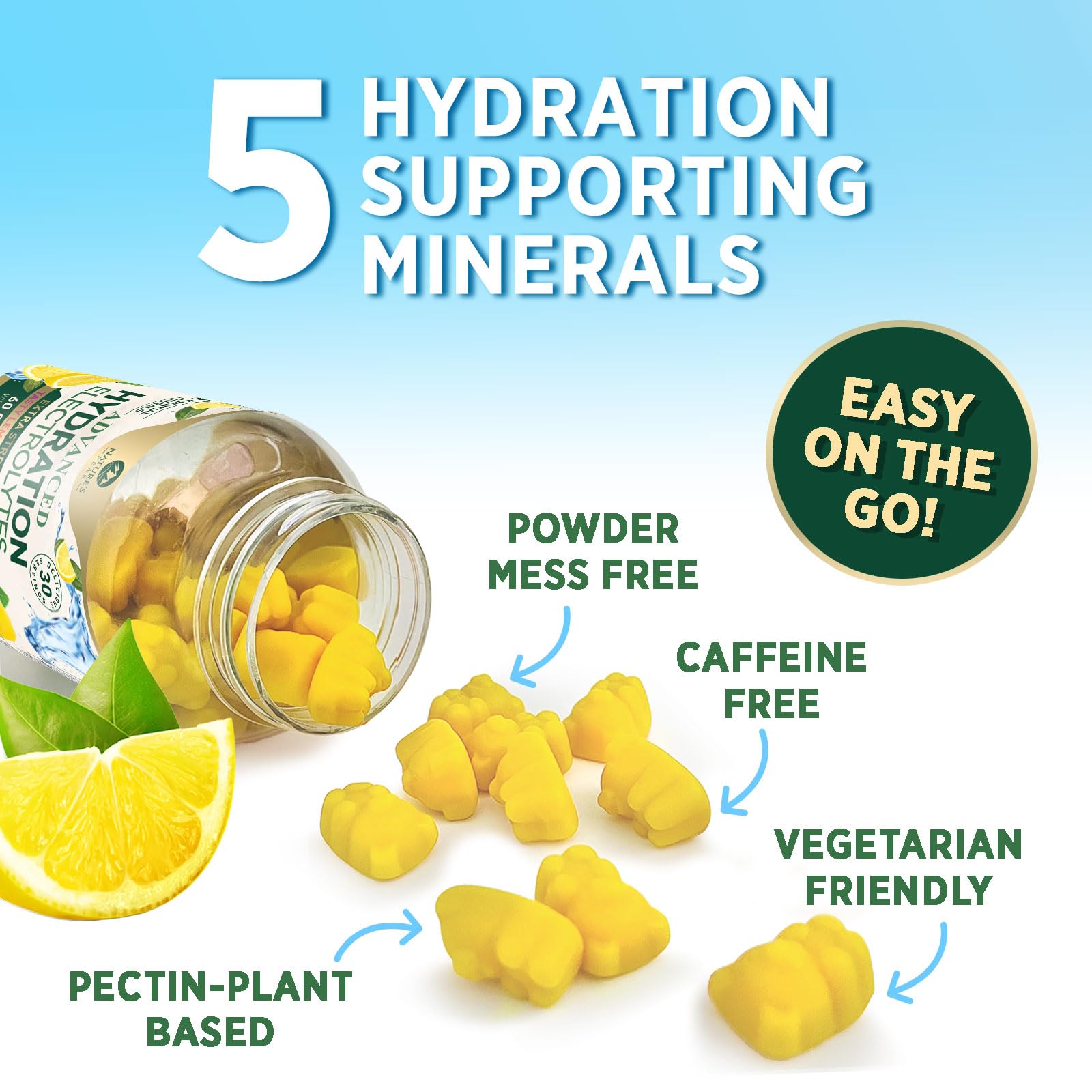 Hydration Electrolyte Gummies - Daily Liquid Replenisher Gummy - Electrolyte Multiplier with Minerals, Potassium & Real Salt - Vegan, Non-GMO - Tasty Lemon Flavor Hydration Electrolytes - 60 Gummies Nature's Peak uk supplements