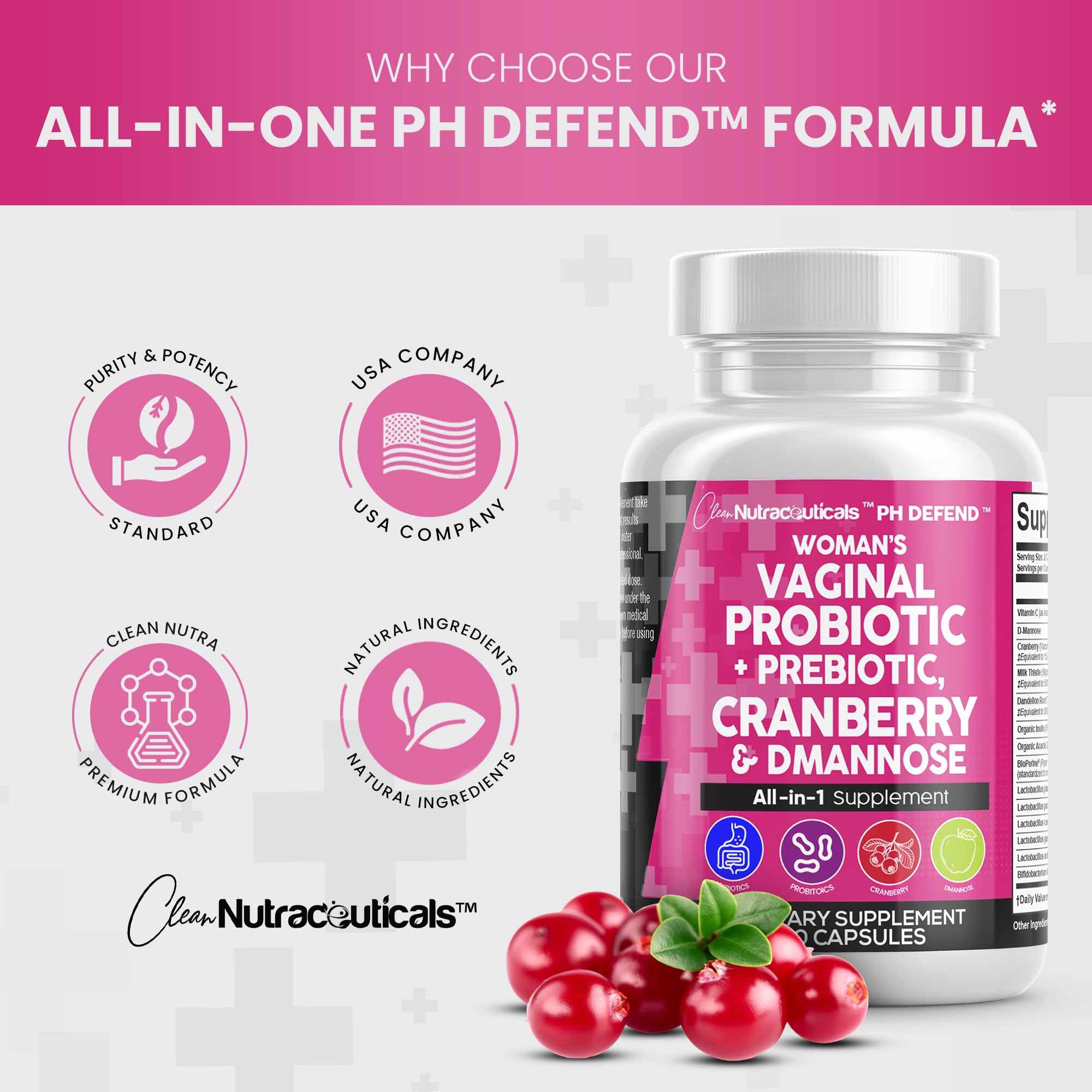 Vaginal Probiotics For Women + Prebiotics 20 Billion Cranberry Pills 30,000mg w/ D-Manno Clean Nutraceuticals uk supplements