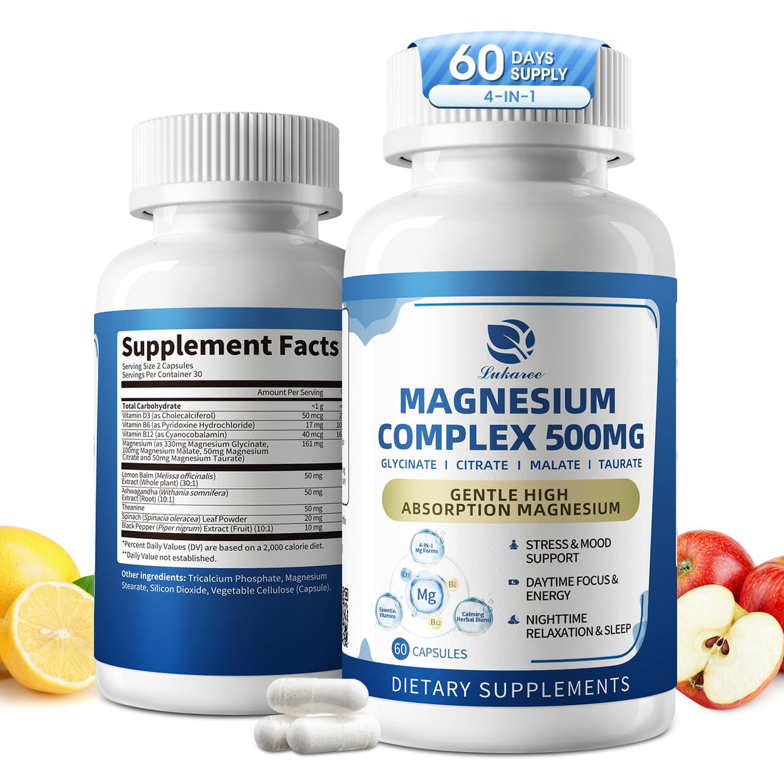 2 Pack Magnesium Complex for Women and Men 4-in-1 Magnesium Glycinate, Citrate, Malate, Taurate - Magnesium Supplement for Relaxation, Sleep & Focus, 60 Days Supply Lukaree uk supplements