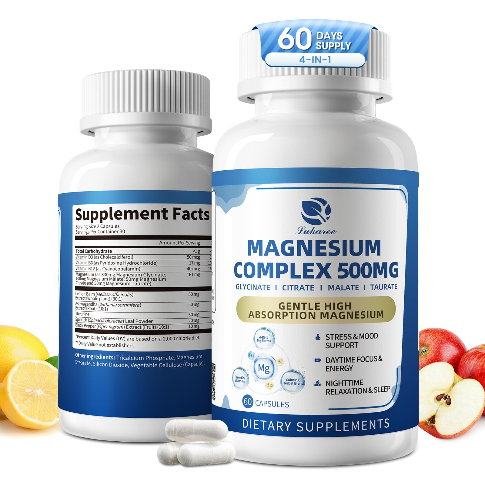 2 Pack Magnesium Complex for Women and Men 4-in-1 Magnesium Glycinate, Citrate, Malate, Taurate - Magnesium Supplement for Relaxation, Sleep & Focus, 60 Days Supply Lukaree uk supplements