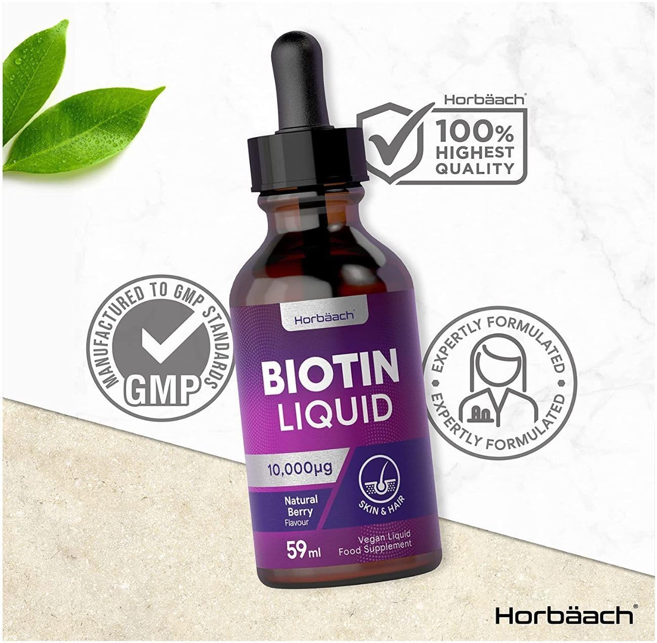 Biotin Liquid Drops for Hair & Skin Support | 10000 mcg Supplement | 59 ml Vitamin B7 Horbäach uk supplements