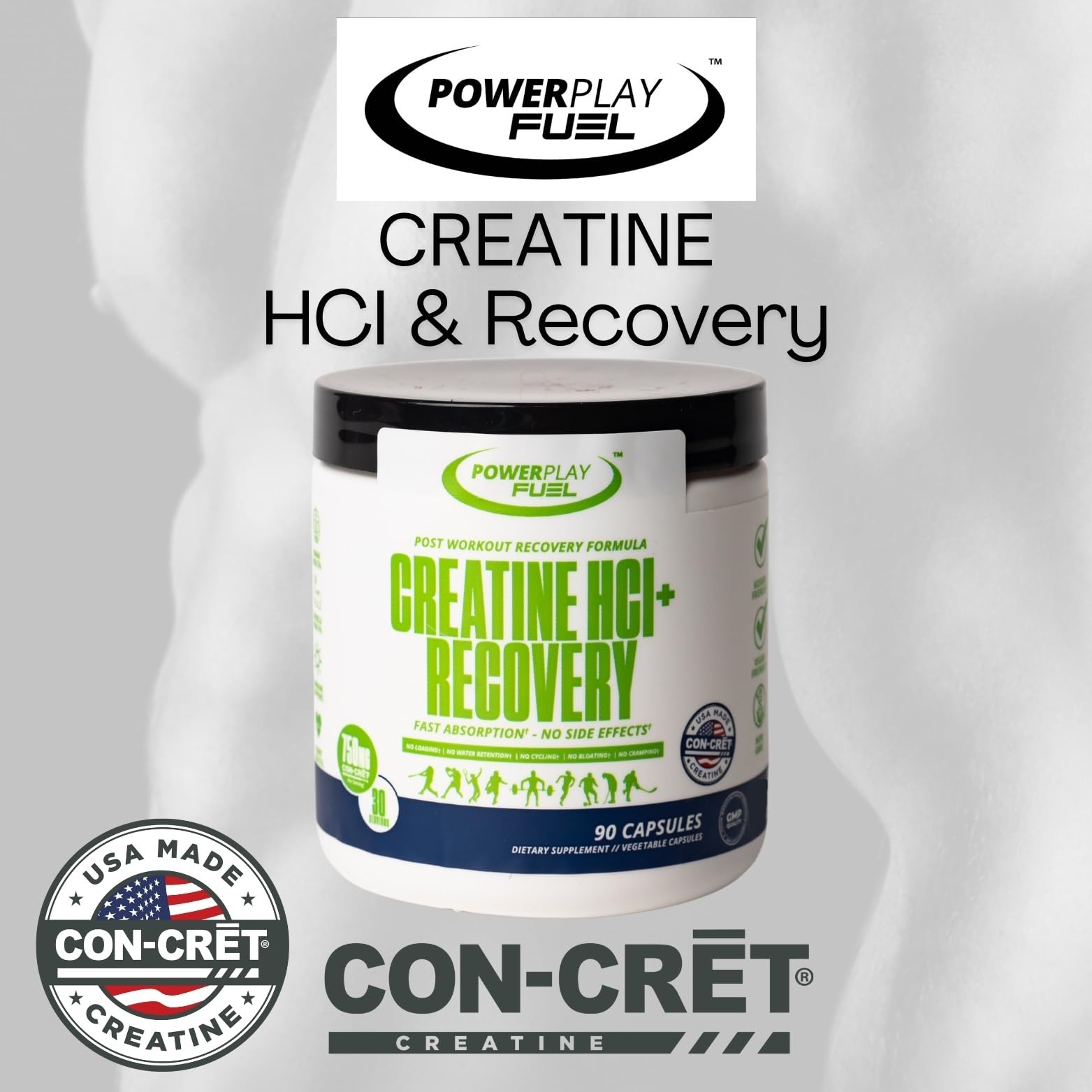 CREATINE HCl + Recovery Capsules for Men and Women, Muscle & Brain Health, Cognitive Function, Immune Support - 90 Vegetable Capsules POWER PLAY FUEL uk supplements