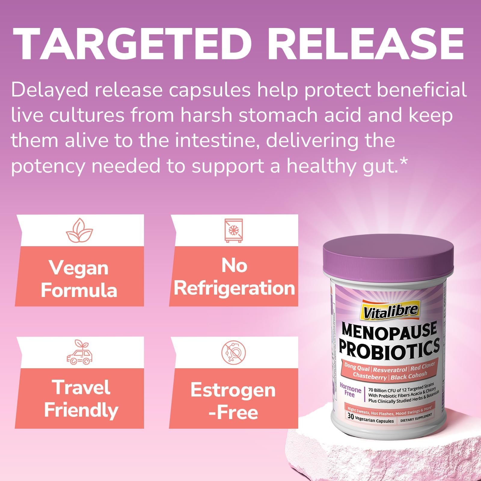 Vitalibre Menopause Probiotics for Women 70 Billion CFU, 12 Targeted Strains, Organic Prebiotics, Black Cohosh Resveratrol Red Clover Chasteberry Dong Quai, Hot Flash Night Sweat+, No Estrogen, 30 Ct Vitalibre uk supplements