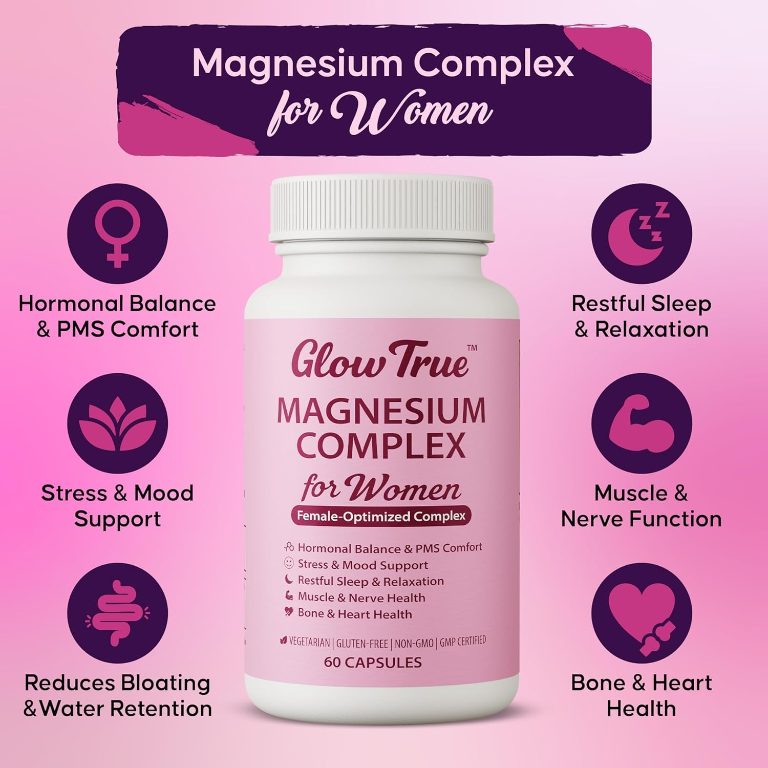 Magnesium Complex for Women – Spectrum 5-Form Magnesium Complex (500 mg), High Absorption Glycinate, Citrate, Oxide & Malate – Vegan, Non-GMO Supports Sleep, Energy, Hormone & Bone – 60 Capsules GlowTrue uk supplements
