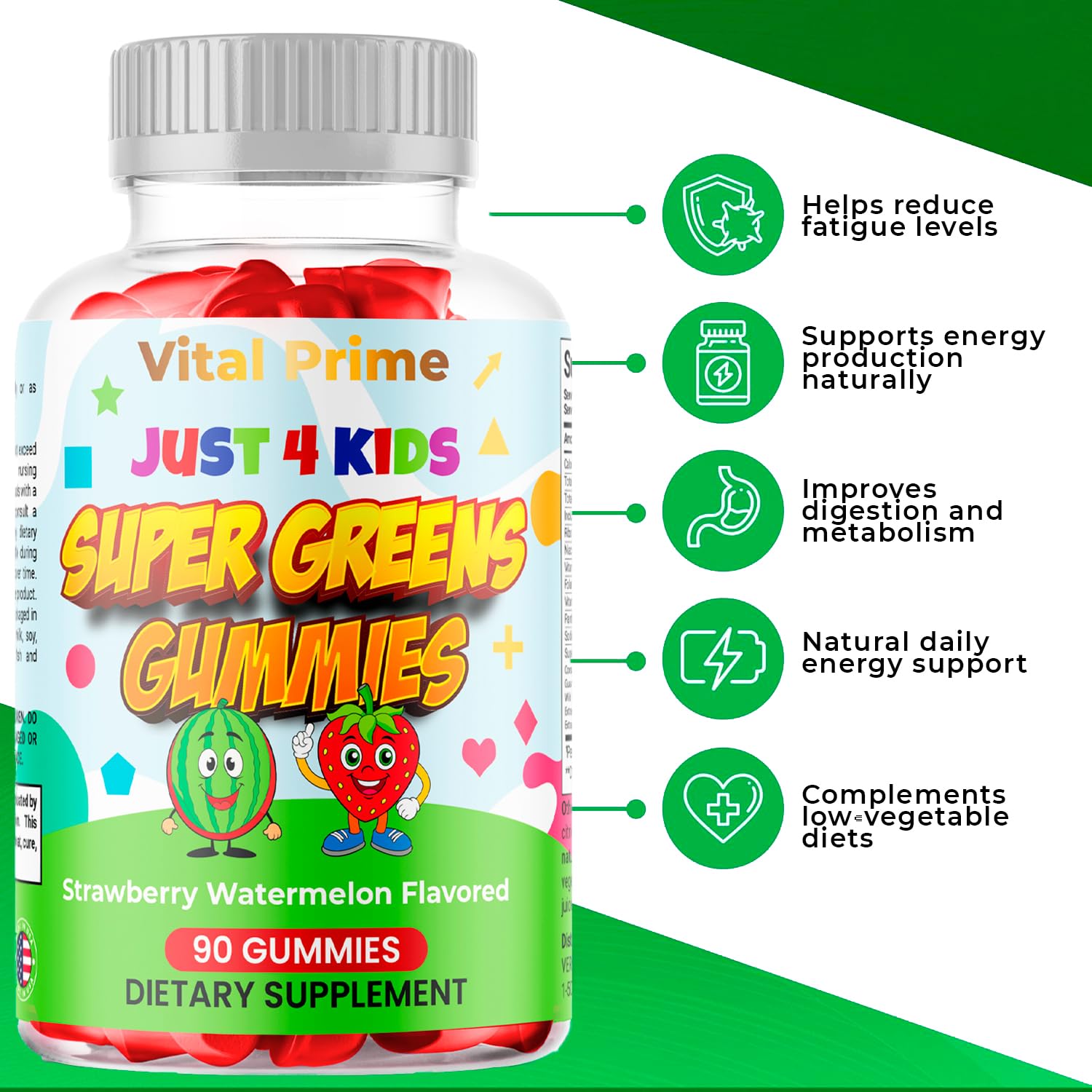 FourRoar Vital Prime Super Green Gummies for Kids 90 Count Strawberry & Watermelon Flavor | Fruit and Vegetable Gummies | Vegan Veggies Gummy Multivitamin for Kids FourRoar uk supplements