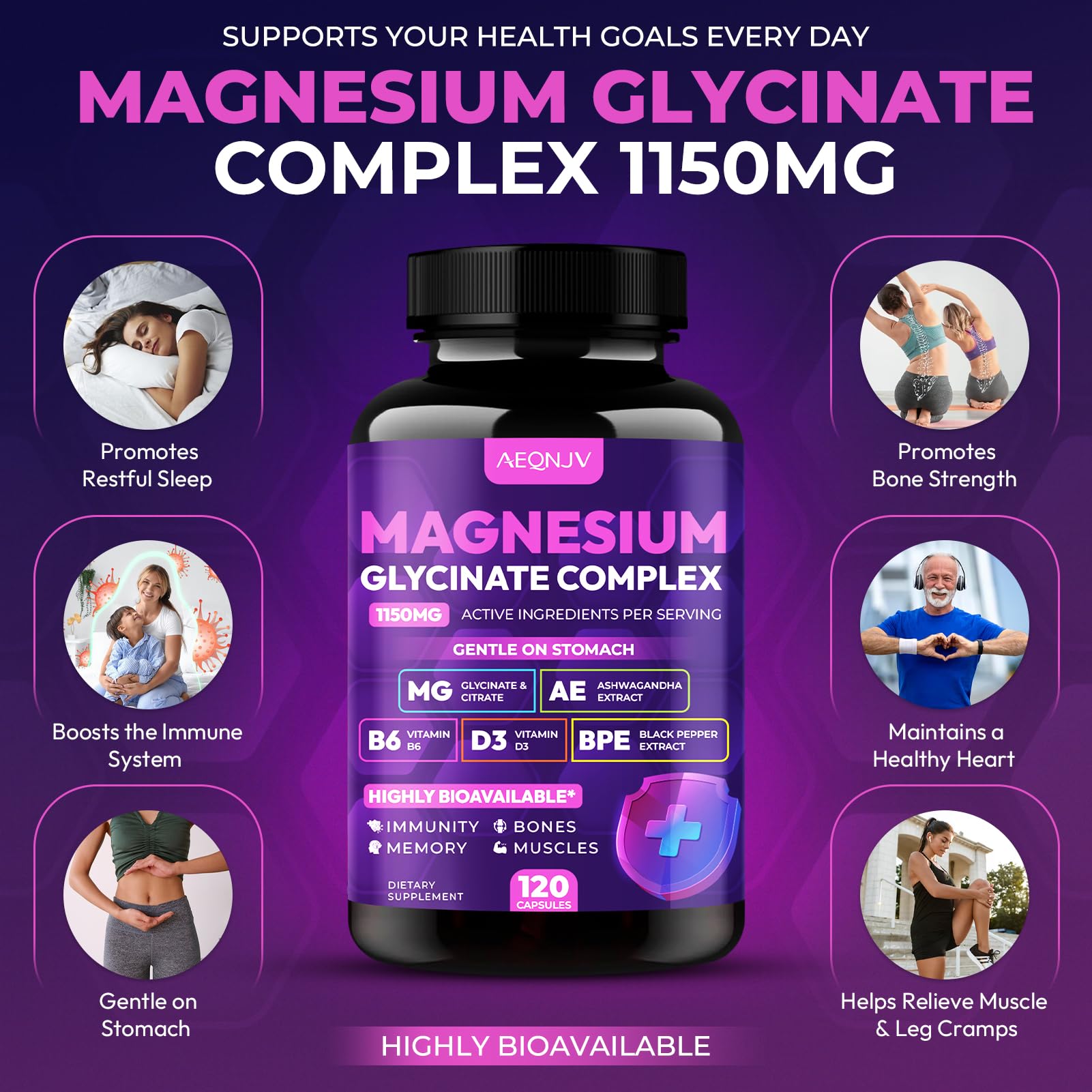 Magnesium Glycinate Complex 1150mg - Gentle on Stomach High Absorption Magnesium Capsules with Citrate, Silica, Ashwagandha & Vitamin B6 for Zzz, Stress Relief, Muscle Support for Adults, Women & Men AEQNJV uk supplements