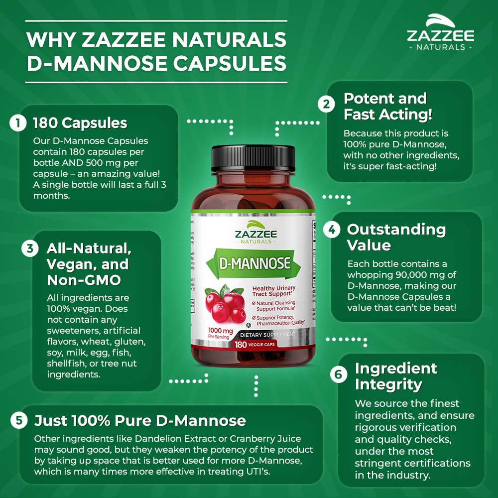 Zazzee D-Mannose, 1000 mg per Serving, 180 Vegan Capsules, 3 Month Supply, Potent Zazzee uk supplements