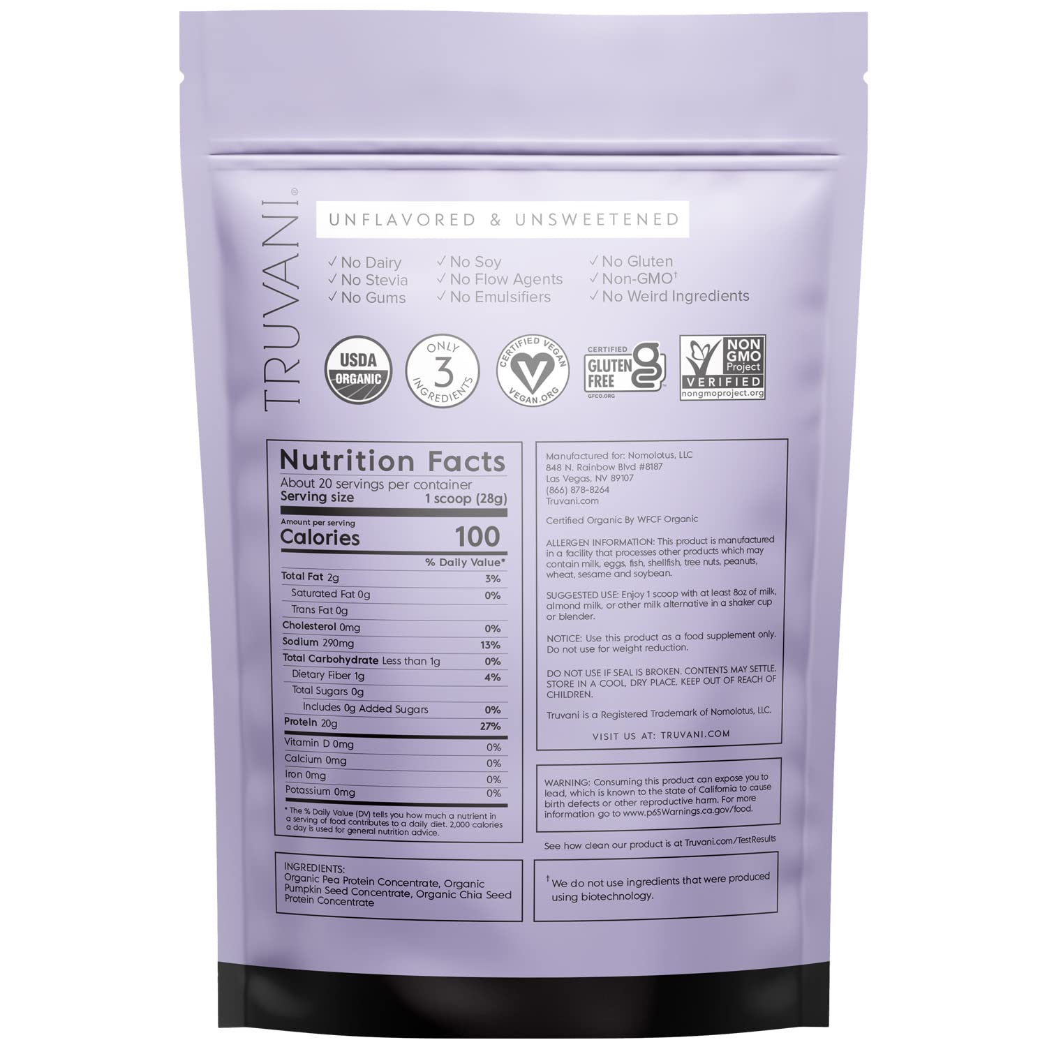 Truvani Organic Vegan Protein Powder Unflavored - 20g of Plant Based Protein, Organic Truvani uk supplements