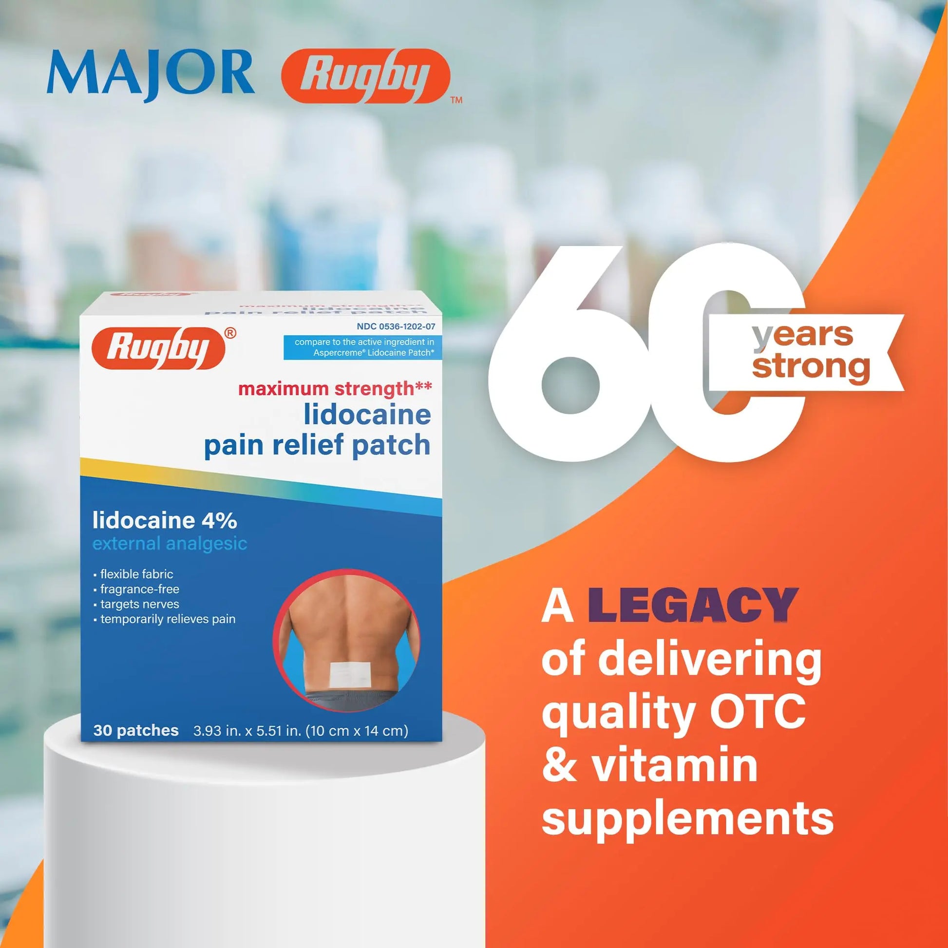 Rugby Maximum Strength Lidocaine Pain Relief Patch - 4% Lidocaine - Topical Anesthetic - Unscented - 30 Patches (1 Pack) RUGBY LABORATORIES uk supplements