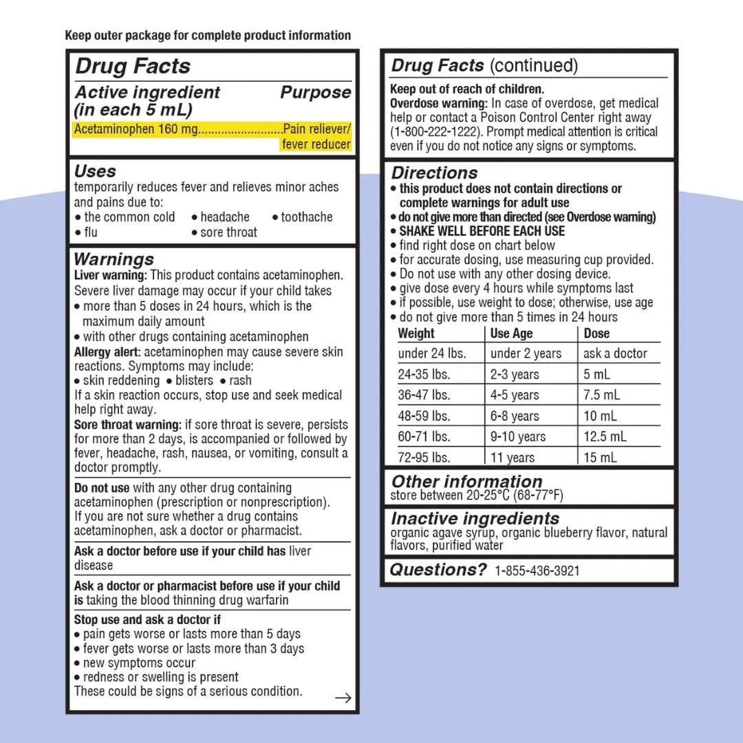 Genexa Children's Clean Acetaminophen | Pediatrician Preferred Ingredients | Pain & Fever Reducer for Kids | Dye Free, 0% Artificial Additives | Ages 2-11, Delicious Organic Blueberry Liquid, 4 fl oz Genexa uk supplements