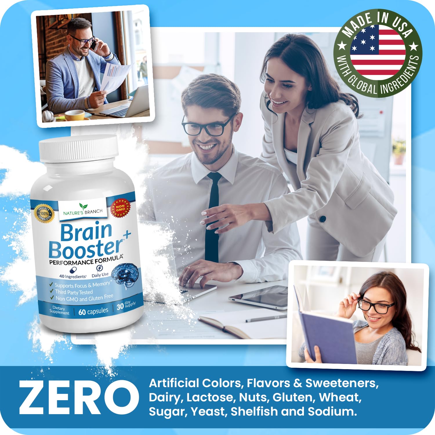 40-in-1 Brain Booster Supplement for Focus, Memory, Clarity, Energy | Advanced Vitamins Plus eBook | for Men & Women, Cognitive Function Nootropic Support with DMAE, Mind Health Formula | 60 Capsules NATURE'S BRANCH uk supplements