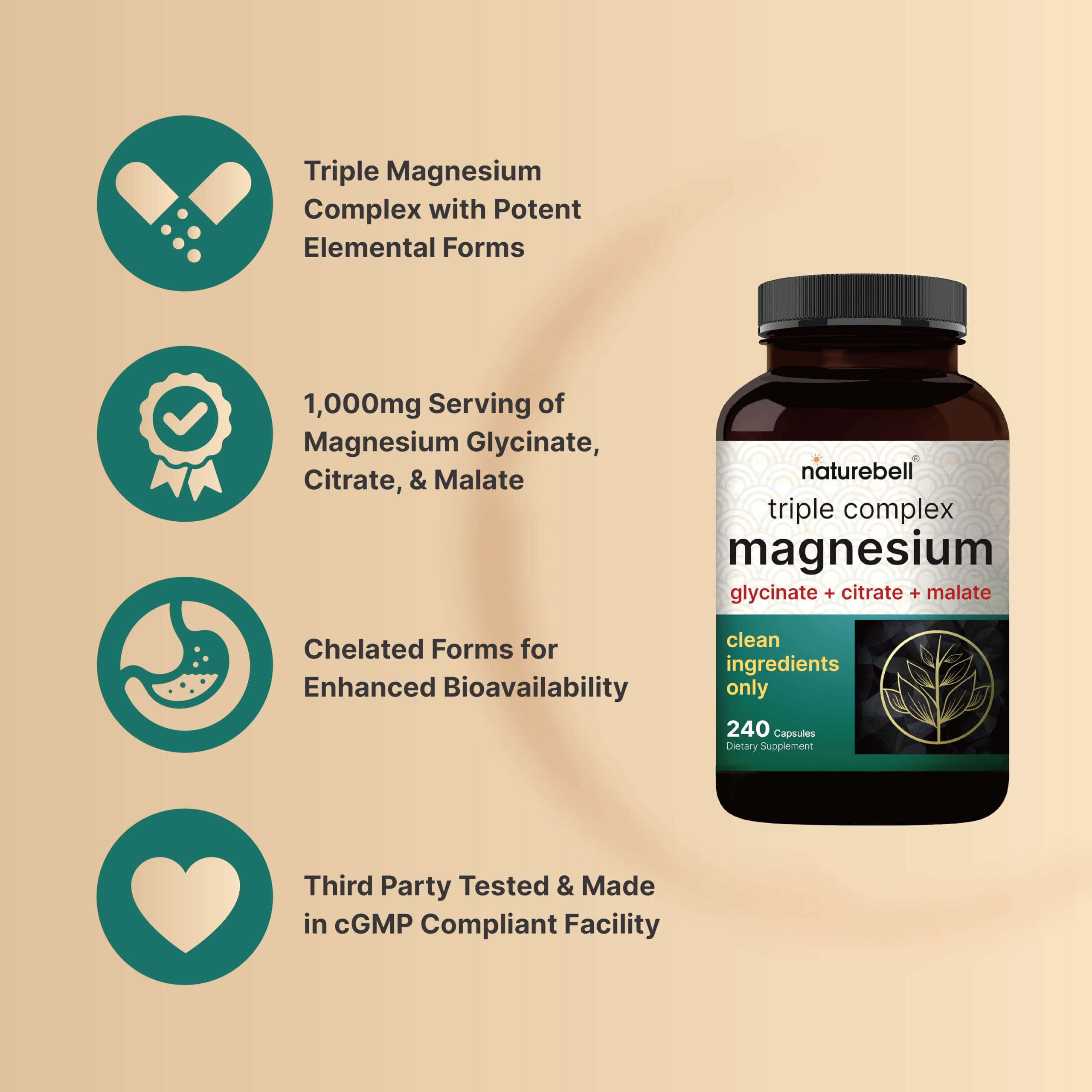 NatureBell Magnesium Complex for Women & Men 1,000mg Per Serving – 240 Capsules – Triple Magnesium Complex with Glycinate, Citrate & Malate – Chelated & Purified – Non‑GMO, Filler Free NatureBell uk supplements