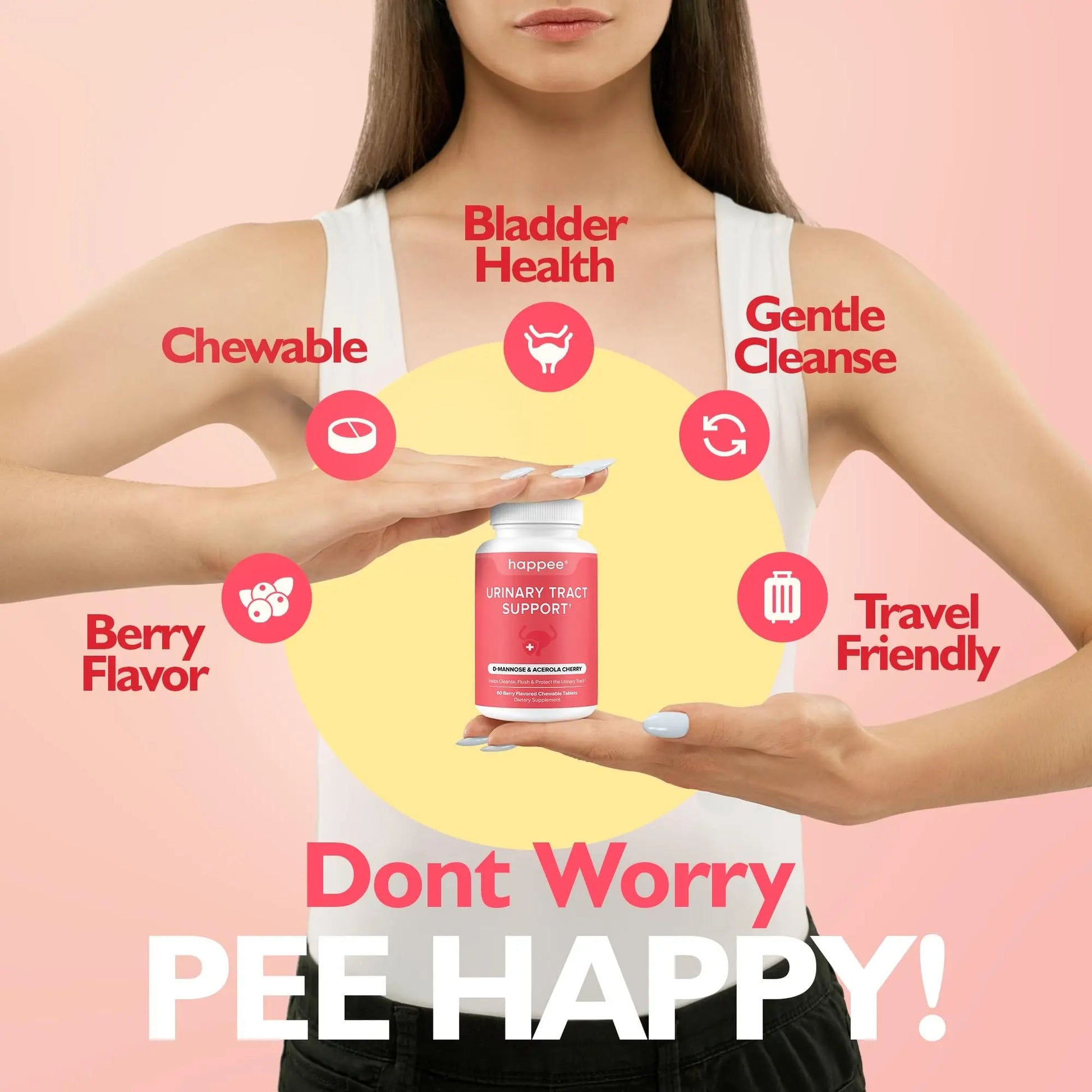 Happee Urinary Tract Health Supplement for Women & Men – Fast-Acting UTI Relief and Prevention, 500mg D-Mannose & Antioxidants, Supports Kidney and Bladder Health, Berry Flavor, 60 Chewables Happee uk supplements