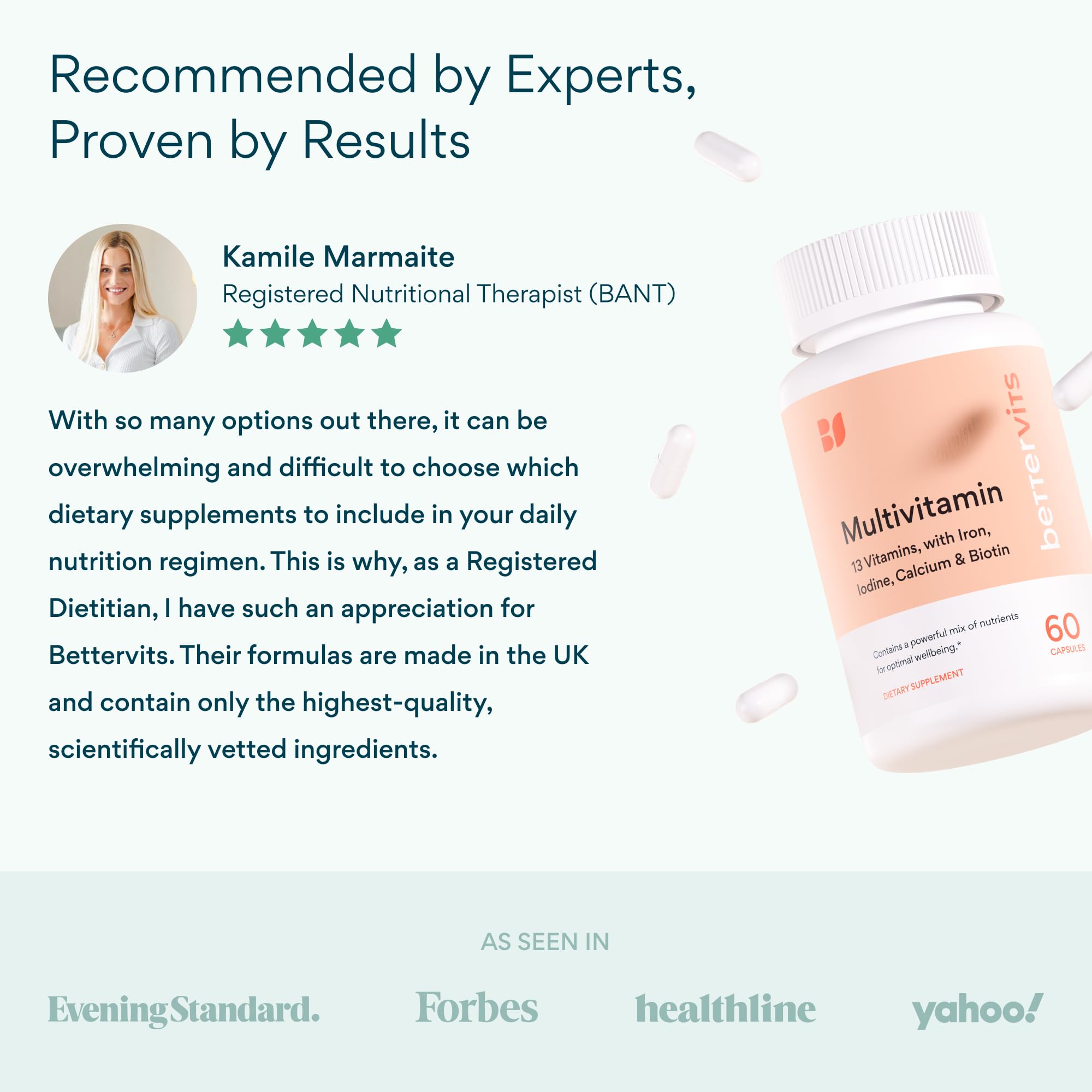 Bettervits Multivitamin for Women & Men | Womens Daily Multivitamin with 13 Essential Vitamins Iron, Iodine, Calcium and Biotin | Vitamins A, K2, D3, C, B1, B2, B3, B5, B6, B7, B9, B12 | 60 Capsules Bettervits uk supplements
