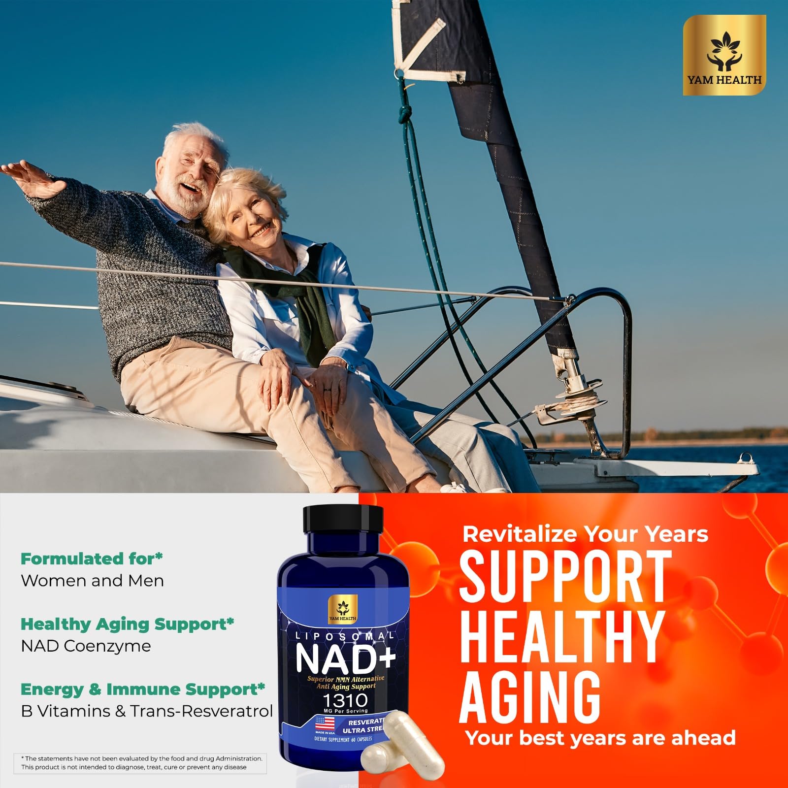 YAM Health Liposomal NAD Nicotinamide Riboside Equivalent with Trans-Resveratrol 300mg, Premium Halal NAD Supplement for Energy Metabolism, DNA Repair and Longevity, Vegan, Non-GMO (60 Count) YAM Health uk supplements