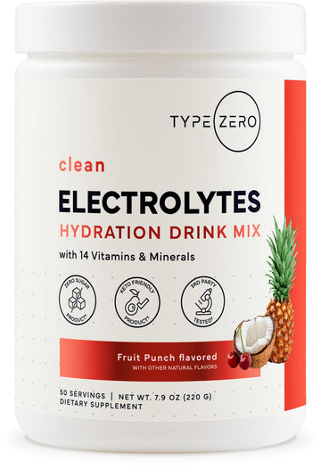Type Zero Clean Electrolytes Hydration Powder Drink Mix + 14 Essential Vitamins & Minerals - Sugar Free, Zero Artificial Ingredients - Fruit Punch, 50 Servings Type Zero uk supplements