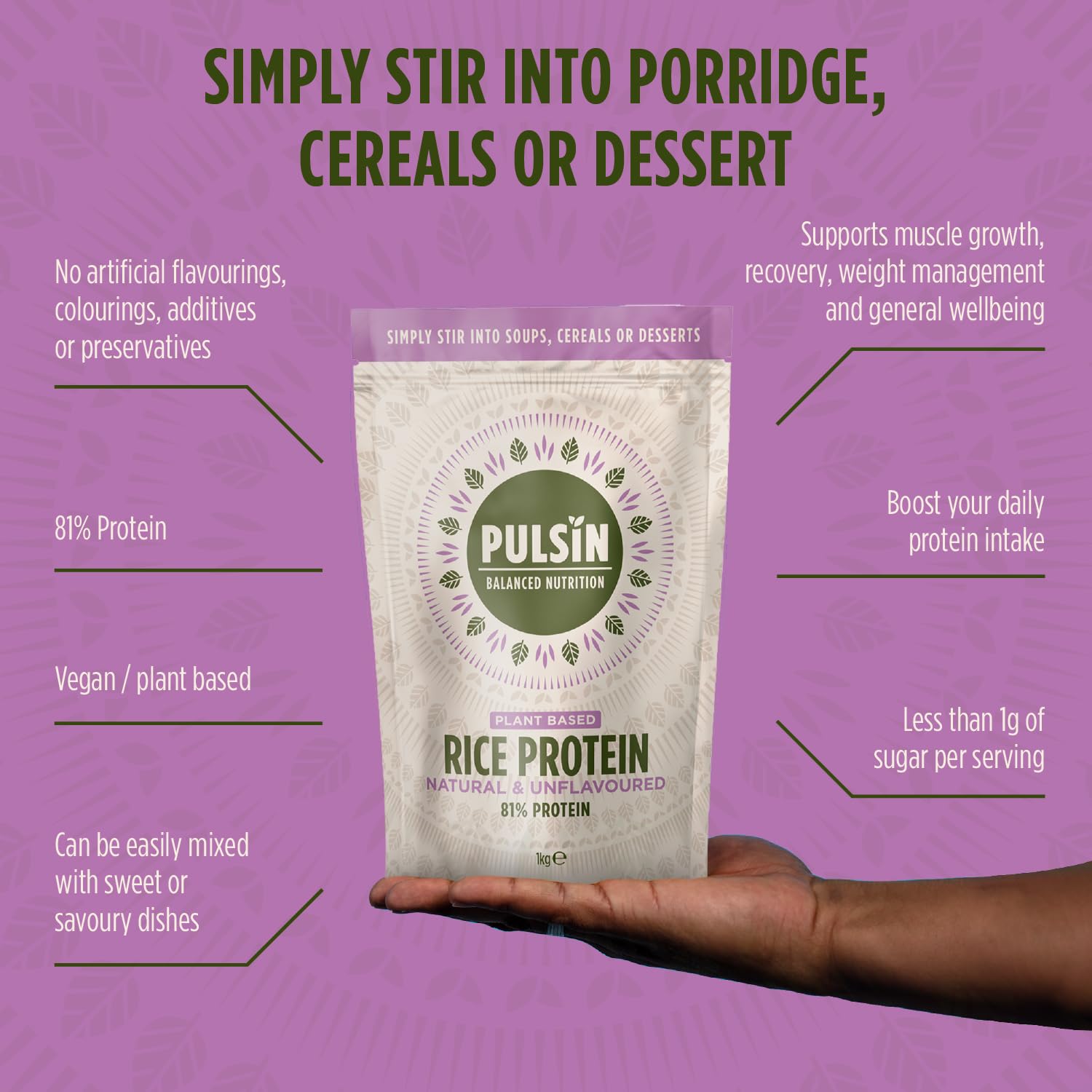 Pulsin - Natural & Unflavoured Vegan Rice Protein Powder - 1kg - 8.1g Protein, 0.4g Carbs, 43 Kcal Per Serving Pulsin uk supplements