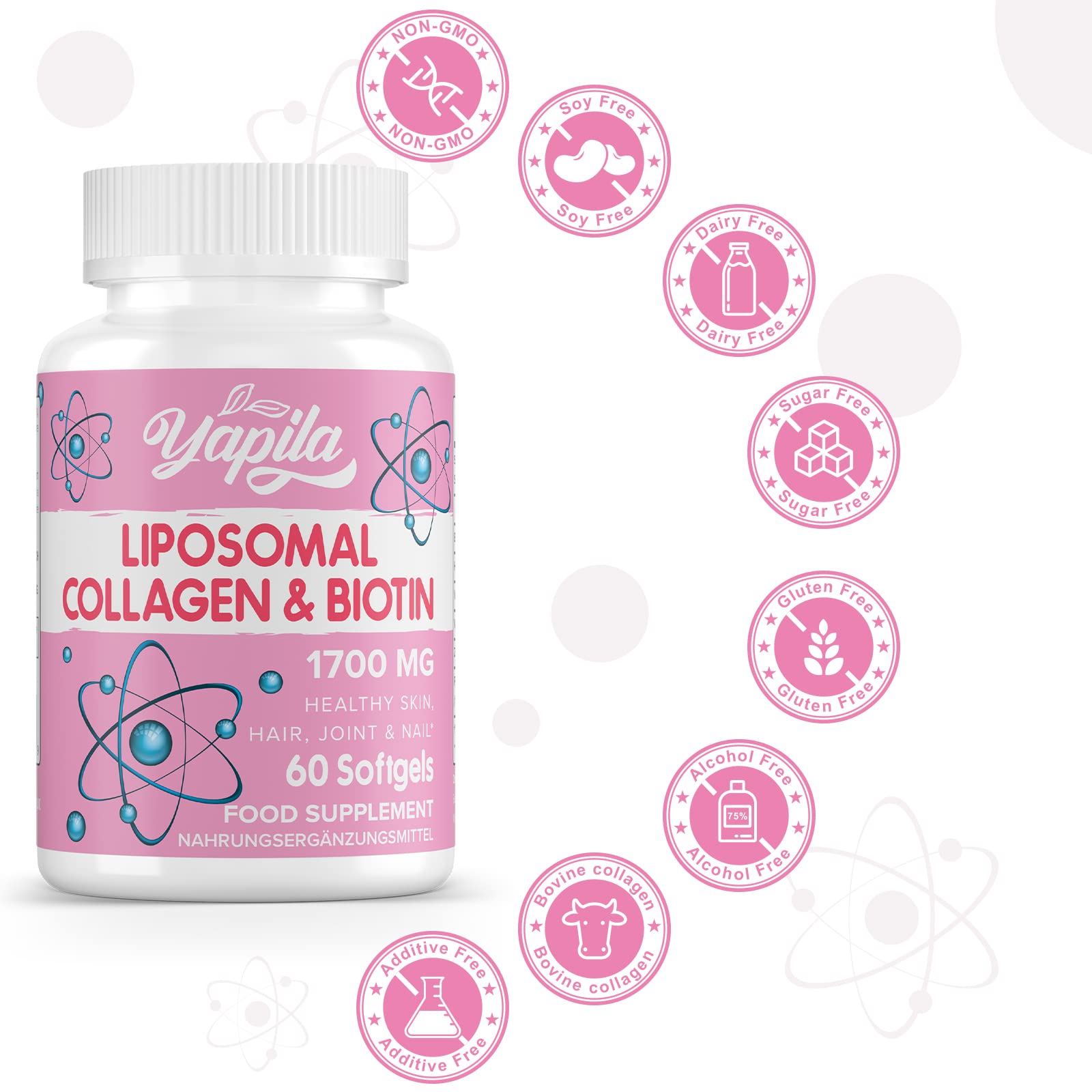 Liposomal Collagen Biotin Capsules, Hydrolyzed Bovine Collagen Peptides 1700 mg, Types 1 & 3 Protein Yapila uk supplements