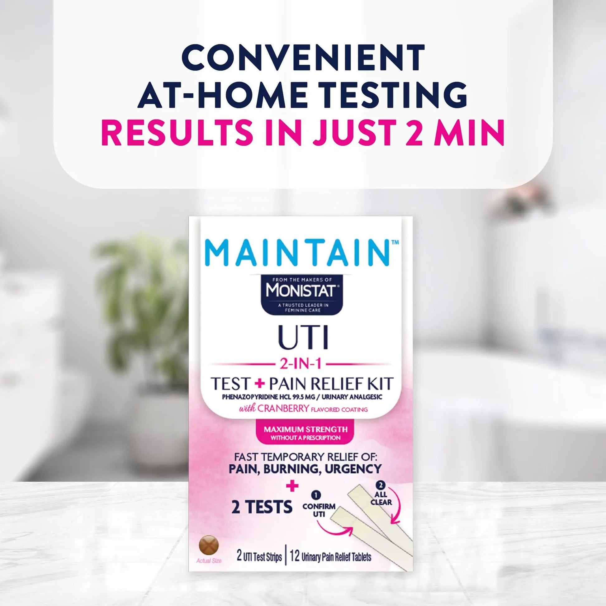 Monistat Maintain UTI 2-in-1 Test & Pain Relief Kit, 2 Test Strips & 12 Urinary Pain Relief Tablets, 2 Minute Results and Maximum Strength Pain, Burning and Urgency Relief Monistat uk supplements