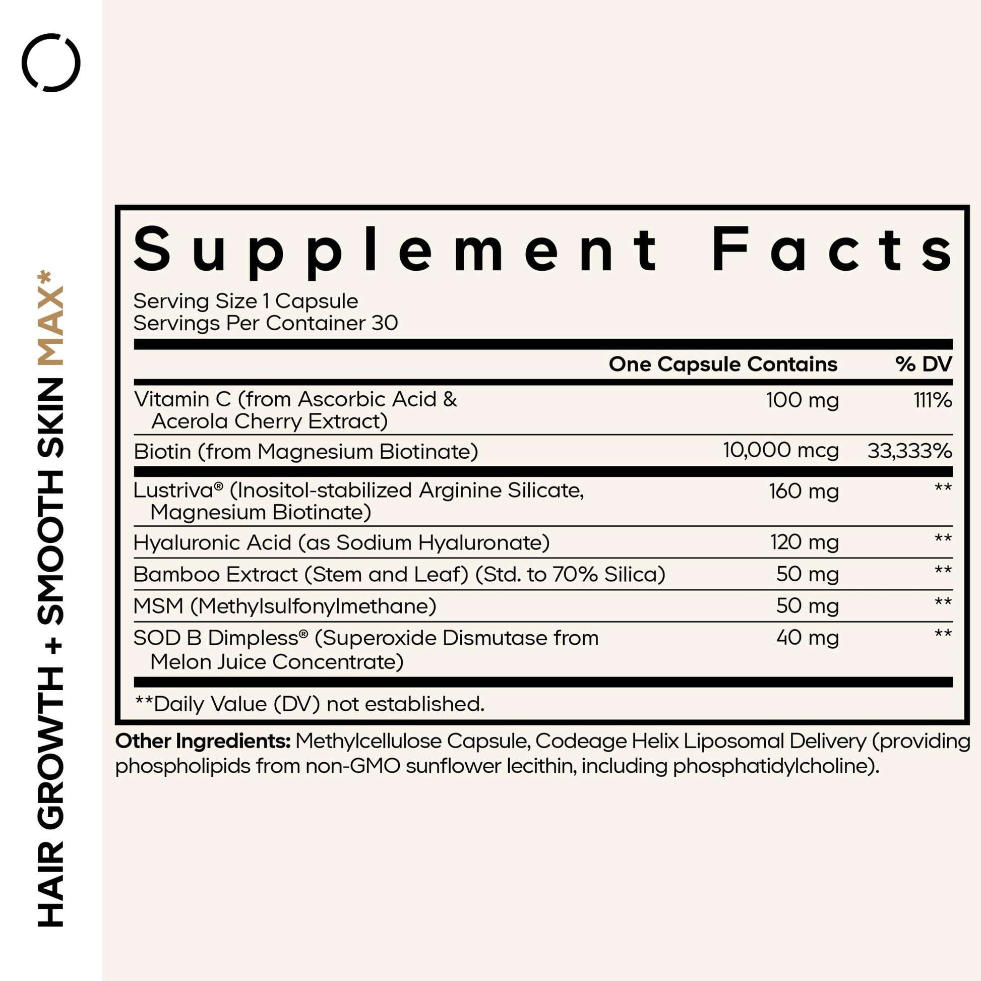 Codeage Hair Growth + Smooth Skin Max Vitamins Supplement - Patented Lustriva & SOD B Dimpless Superoxide Dismutase - Hair Growth Health Skin Cellulite Support - Biotin, Vitamin C, MSM - 30 Capsules Codeage uk supplements