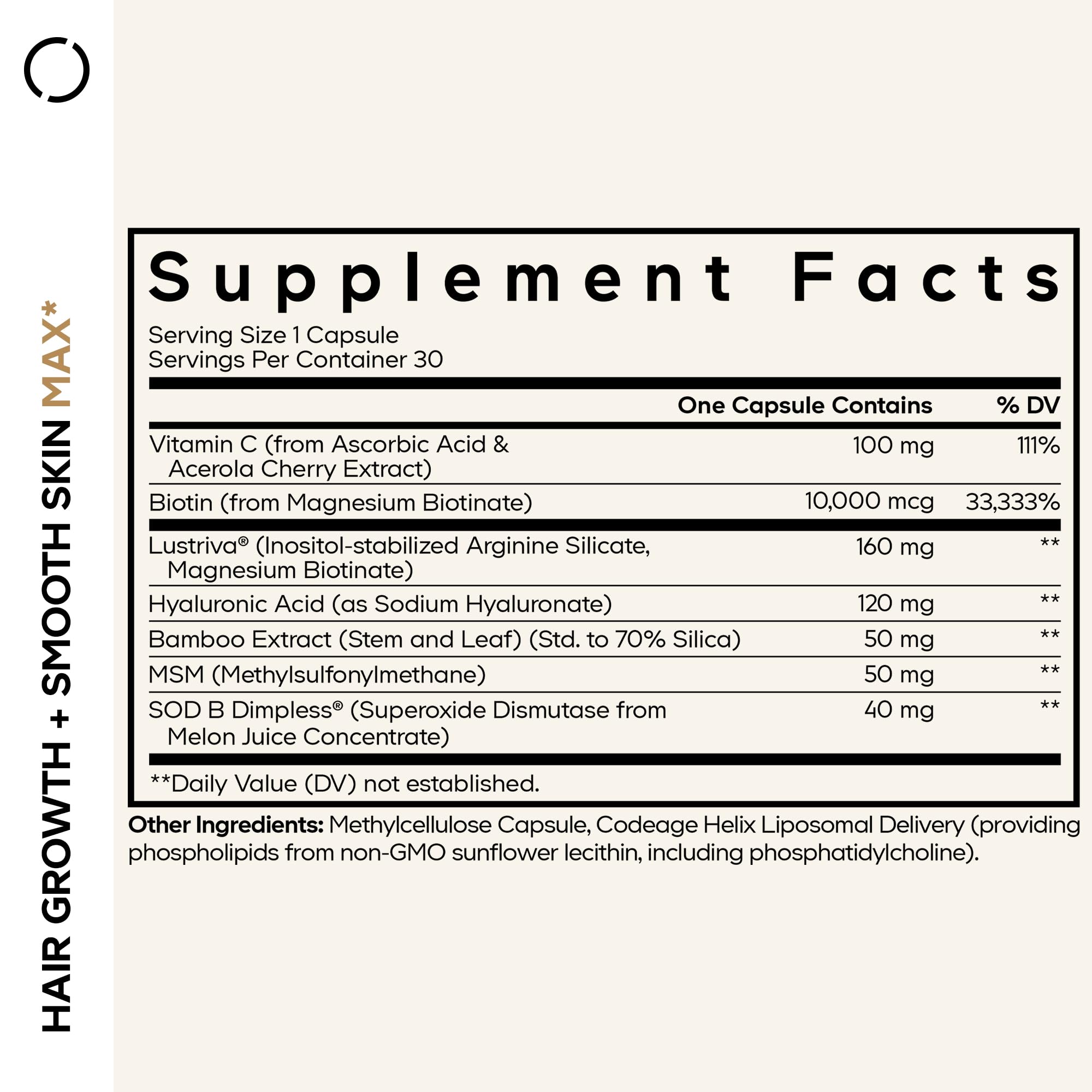 Codeage Hair Growth + Smooth Skin Max Vitamins Supplement - Patented Lustriva & SOD B Dimpless Superoxide Dismutase - Hair Growth Health Skin Cellulite Support - Biotin, Vitamin C, MSM - 30 Capsules Codeage uk supplements