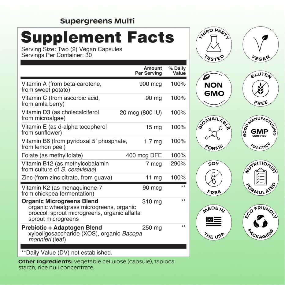 wholier Supergreens Multi, Daily Greens, Vegan Multivitamin for Women + Men, Whole Food Vitamins + Minerals, Prebiotics for Gut Health, Adaptogens (60 Vegan Capsules) Glass Bottle wholier uk supplements