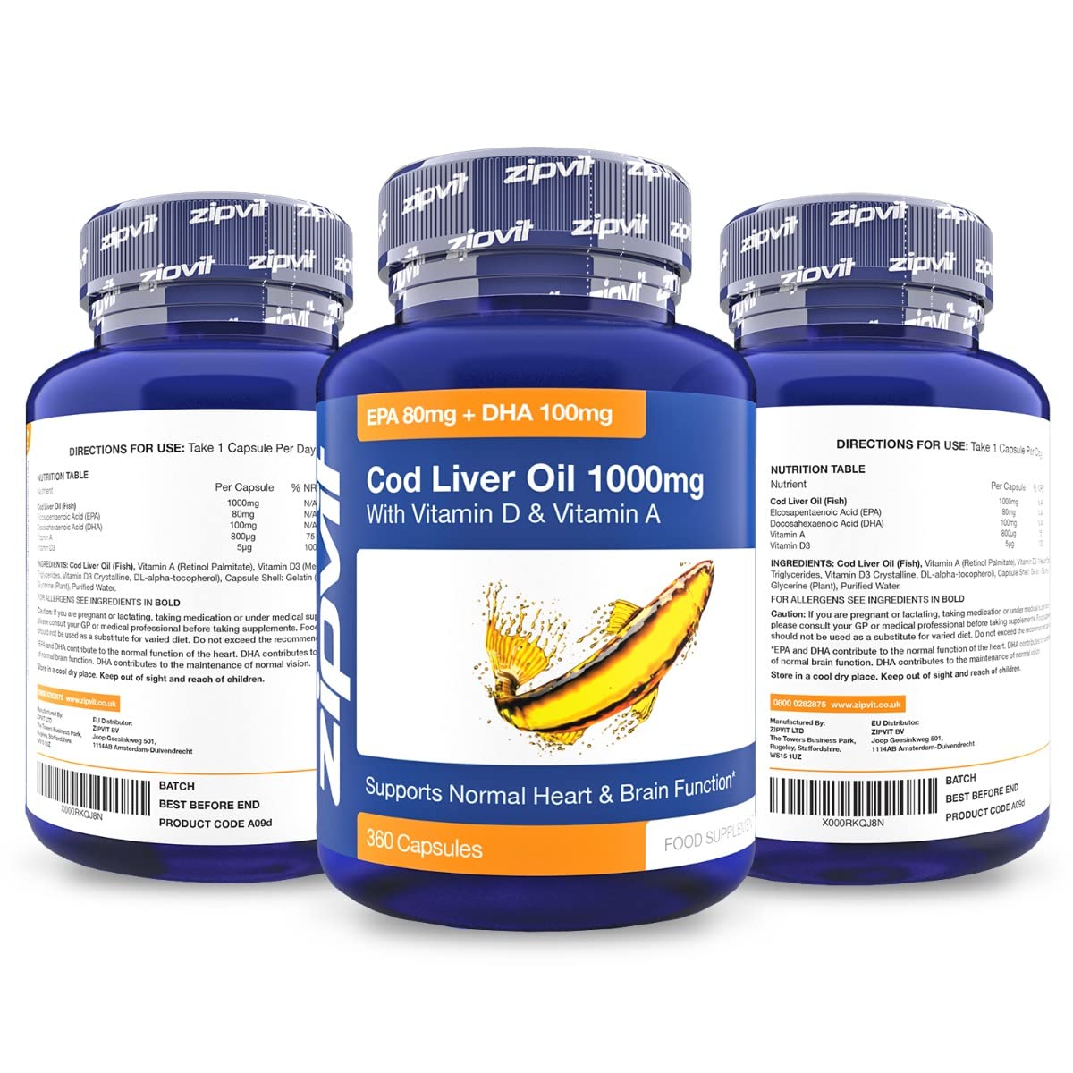 Cod Liver Oil 1000mg, 360 Capsules of High Strength Fish Oil, Rich in Omega 3. Supports Zipvit uk supplements