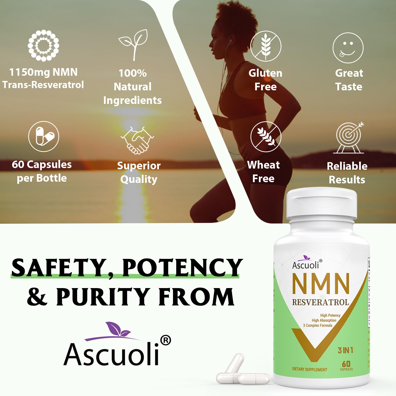 99% Ultra Purity NMN 500mg + Trans-Resveratrol 600mg, 1150mg NMN Resveratrol Supplement, 3-in-1 Advanced Formula for Boost* NAD, Cell, Immune, Energy & Muscle, Healthy Aging, Stabilized Form - 60 Caps Ascuoli uk supplements