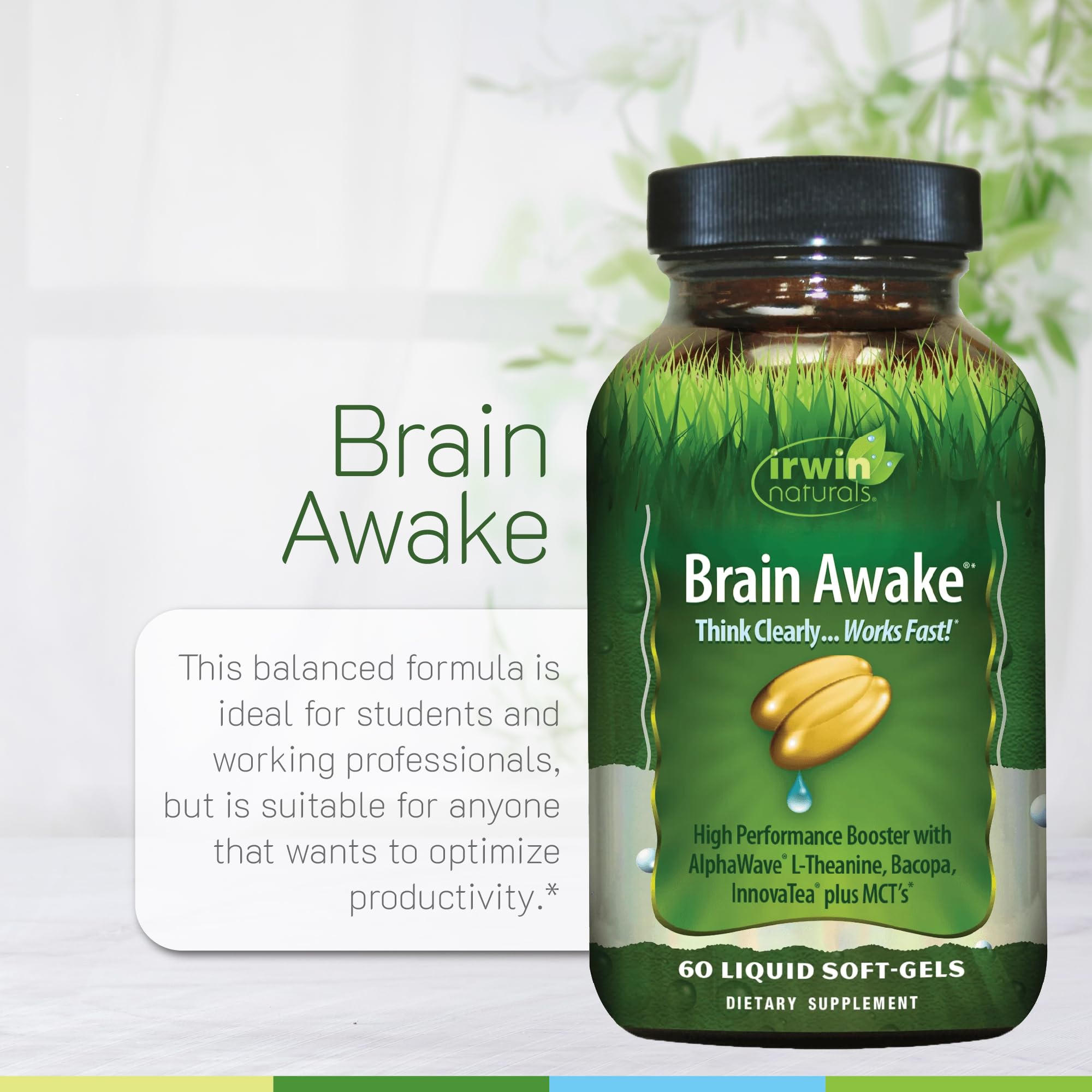 Irwin Naturals Brain Awake Enhanced Mental Performance, Increased Focus, Boost Clarity & Concentration - Powerful Nootropic Booster with L-Theanine, Bacopa, MCT's & InnovaTea - 60 Liquid Softgels Irwin Naturals uk supplements