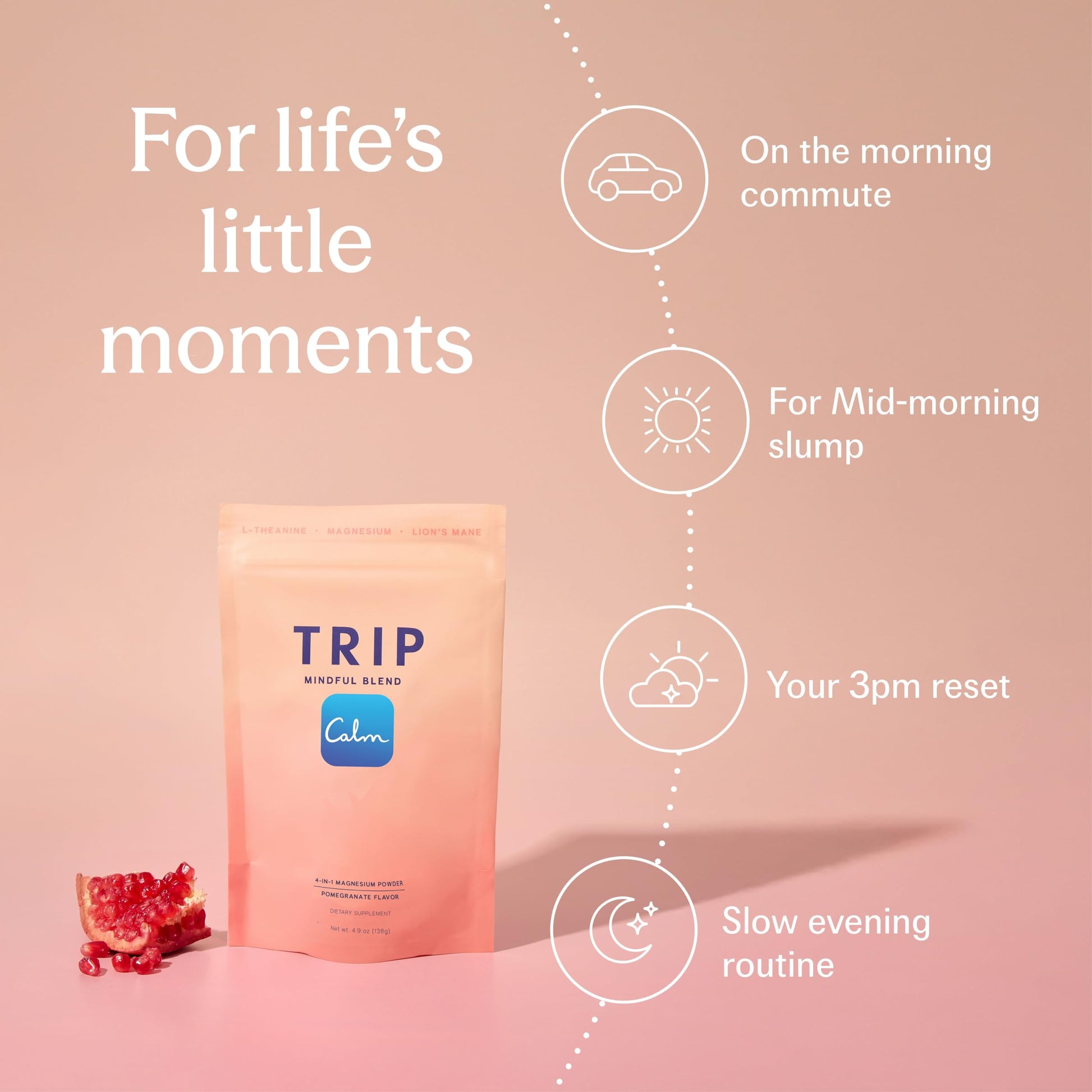 TRIP Magnesium Glycinate Powder with L-Theanine & Lion’s Mane, Sugar Free Magnesium Supplement for Adults, 250mg Magnesium per Drink Mix Serving, Pomegranate Orange Blossom, 1 Bag - 30 Servings TRIP uk supplements