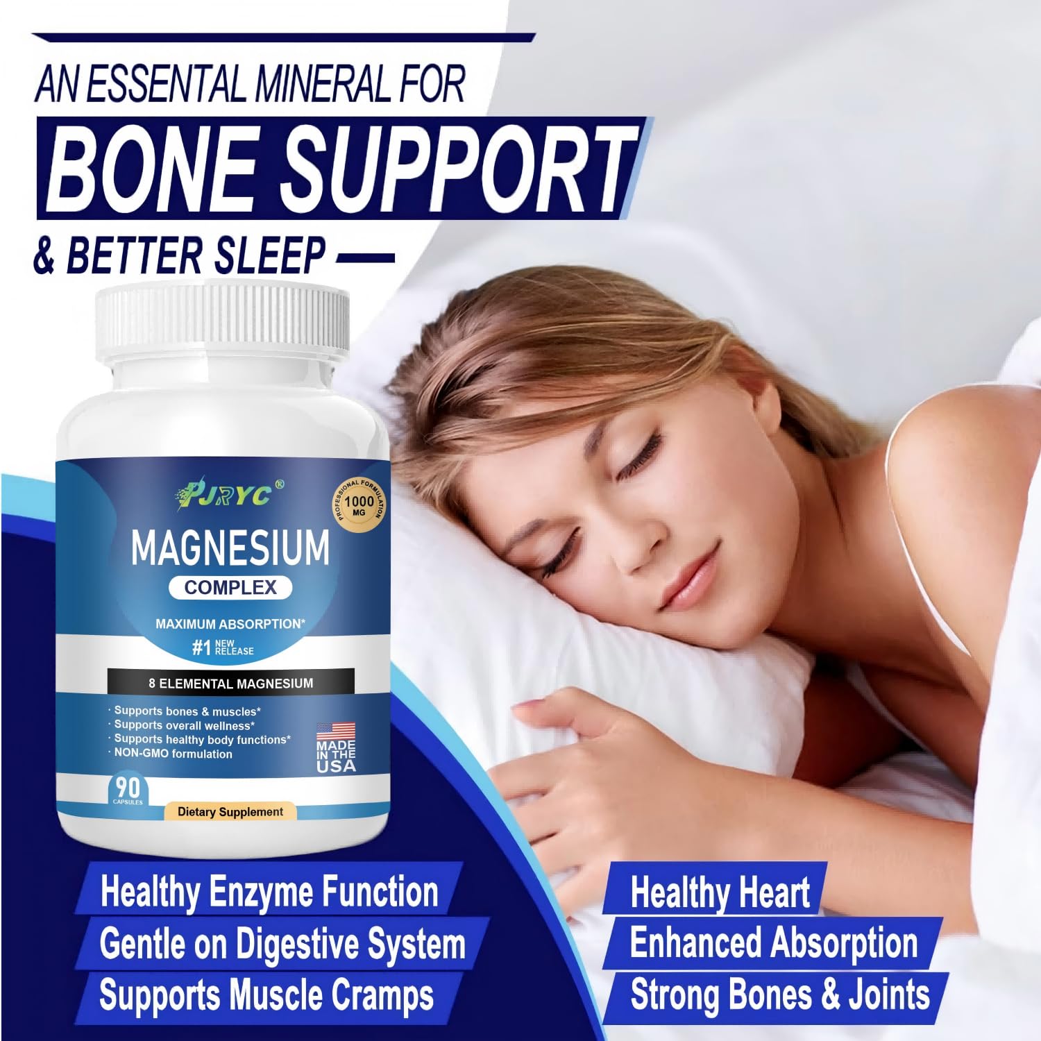 Magnesium Complex Supplement - 1000mg with 8 Magnesium Forms: Glycinate, Citrate, Malate, Taurate & Orotate - Supports Muscle Function, Bone Strength & Relaxation - Vegan, Non-GMO - 180 Capsules PJRYC uk supplements