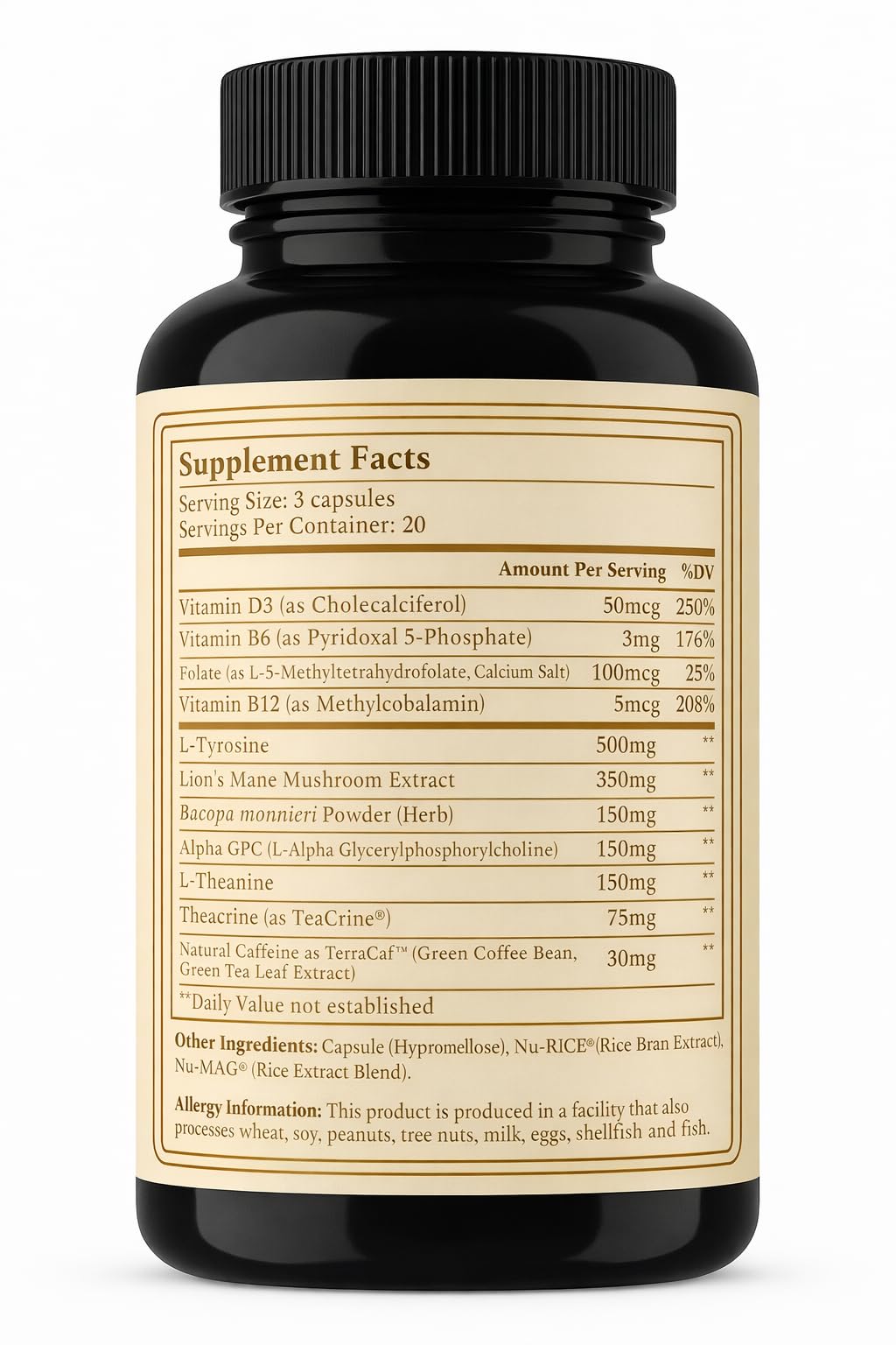 AURUM BOTANICA Best Brain Supplement for Memory and Focus - L-Theanine, Lion's Main, Vitamin B6, B12, D3, Folate, L-Tyrosine, Bacopa Monnieri, Alpha GPC, Theacrine, 30mg of Natural Caffeine (60 Count) AURUM BOTANICA uk supplements