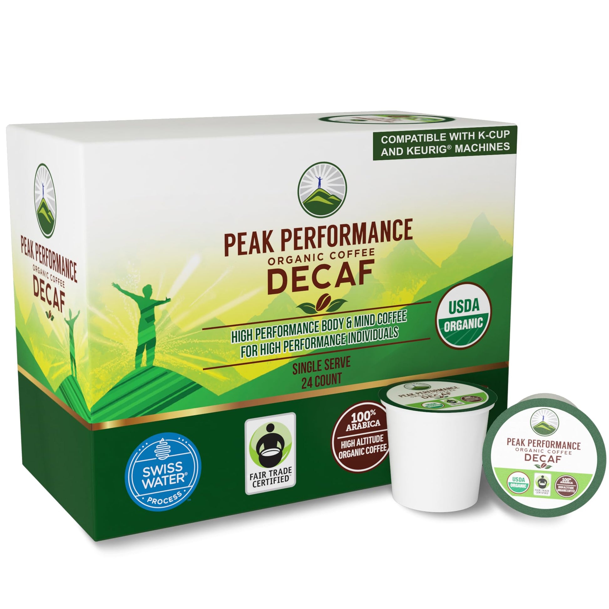 USDA Organic Decaf Coffee Pods - Compatible with K-Cup and Keurig Machines - High Altitude Decaf Coffee - Fair Trade Beans Medium Roast Single Serve Decaffeinated 24 Count Recyclable Cups Peak Performance uk supplements