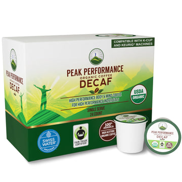 USDA Organic Decaf Coffee Pods - Compatible with K-Cup and Keurig Machines - High Altitude Decaf Coffee - Fair Trade Beans Medium Roast Single Serve Decaffeinated 24 Count Recyclable Cups Peak Performance uk supplements