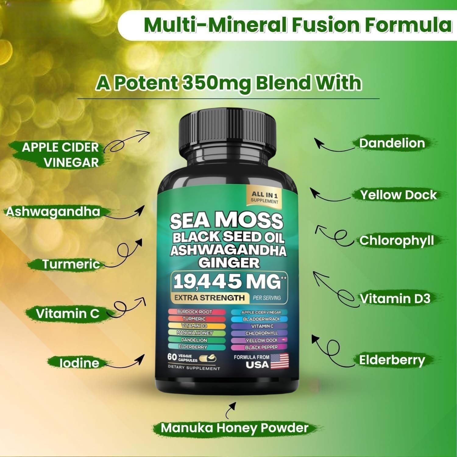 HealthyFinds Sea Moss Black Seed Oil Ashwagandha Ginger Capsules with Turmeric Bladderwrack Burdock & Vitamin C Vitamin D3 with Elderberry Manuka Dandelion Yellow Dock Iodine Chlorophyll ACV HealthyFinds uk supplements