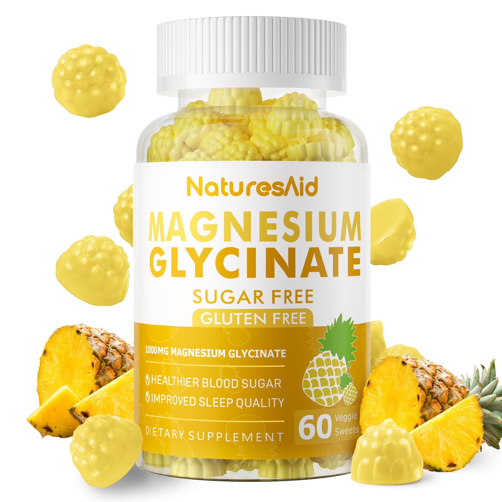 Magnesium Glycinate Gummies 1000mg - Sugar Free Magnesium Potassium Supplement with Vitamin D, B6, CoQ10 for Calm Mood & Sleep Support - 60 Pineapple Gummies -1 Pack Natures Aid uk supplements