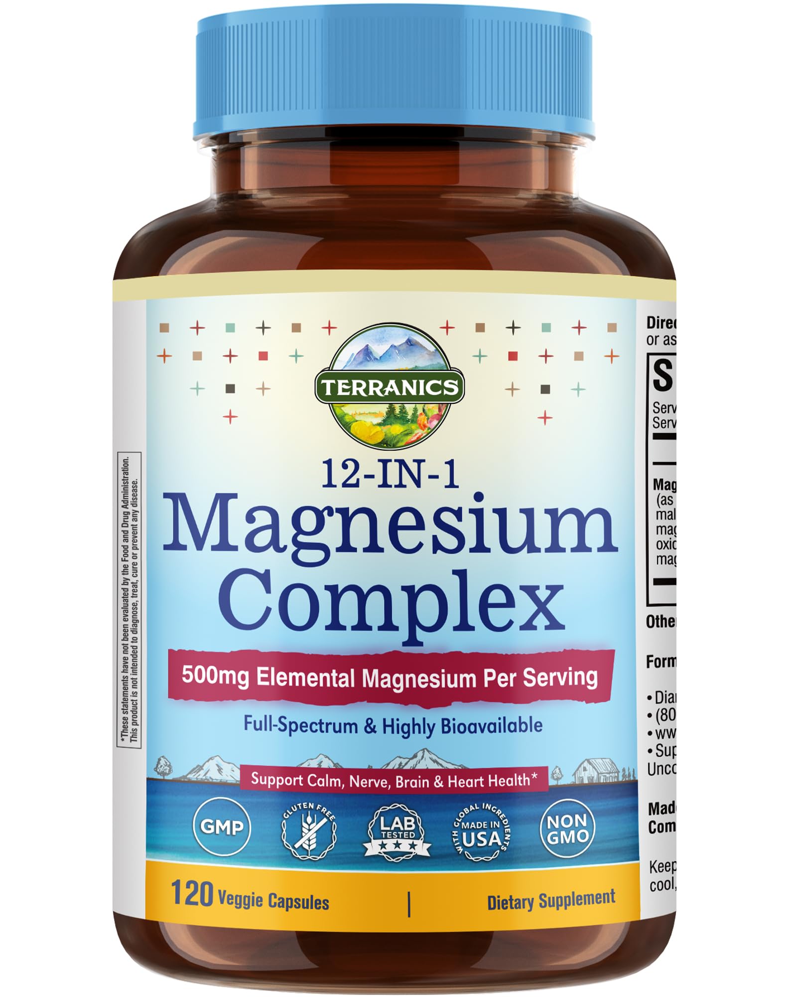 Terranics 12-in-1 Magnesium Complex 500mg, High Absorption Chelated Magnesium Glycinate, Citrate, Malate, Taurate, Orotate & More, for Sleep, Calm, Energy, Heart, Vegan, Non-GMO,120 Capsules Terranics uk supplements