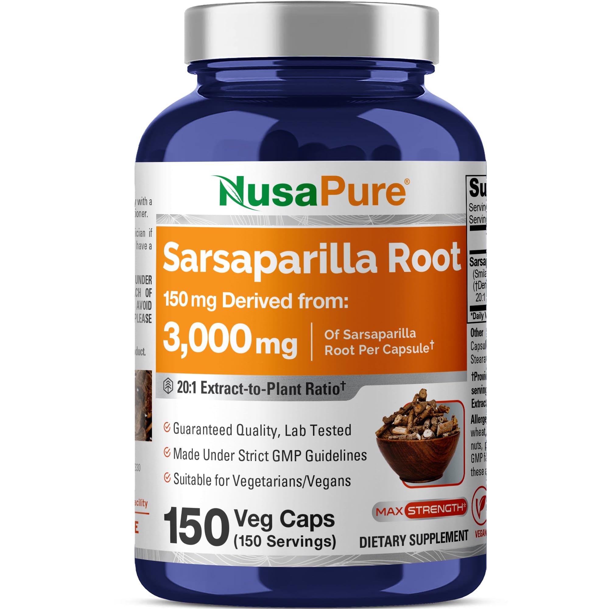 NusaPure Sarsaparilla Root 20:1 Extract - Suitable for Vegetarian/Vegan, Non - GMO - 3000 mg - 150 Capsules NusaPure uk supplements