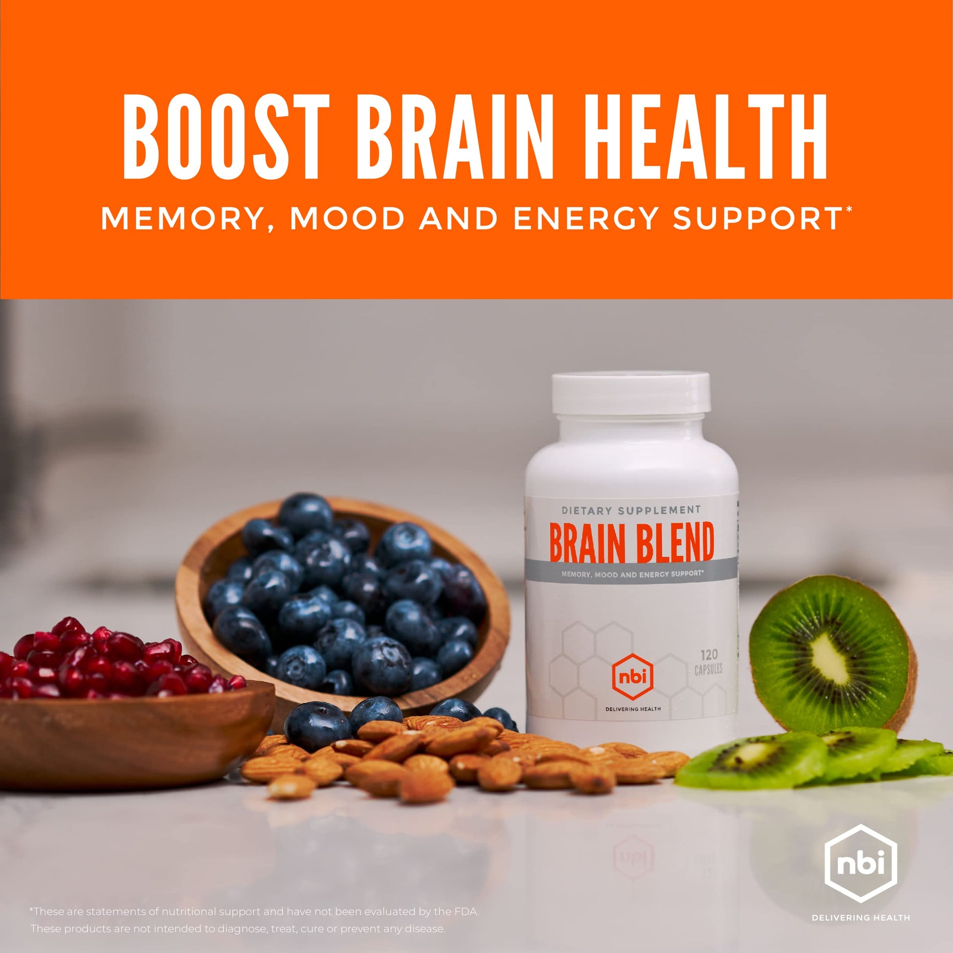 NBI Brain Blend for Memory, Focus, Concentration, Cognitive Function for Men & Women | Caffeine-Free with ALCAR, Alpha Lipoic Acid, Huperzine A, Turmeric | Nootropic | 120ct Capsules NBI uk supplements
